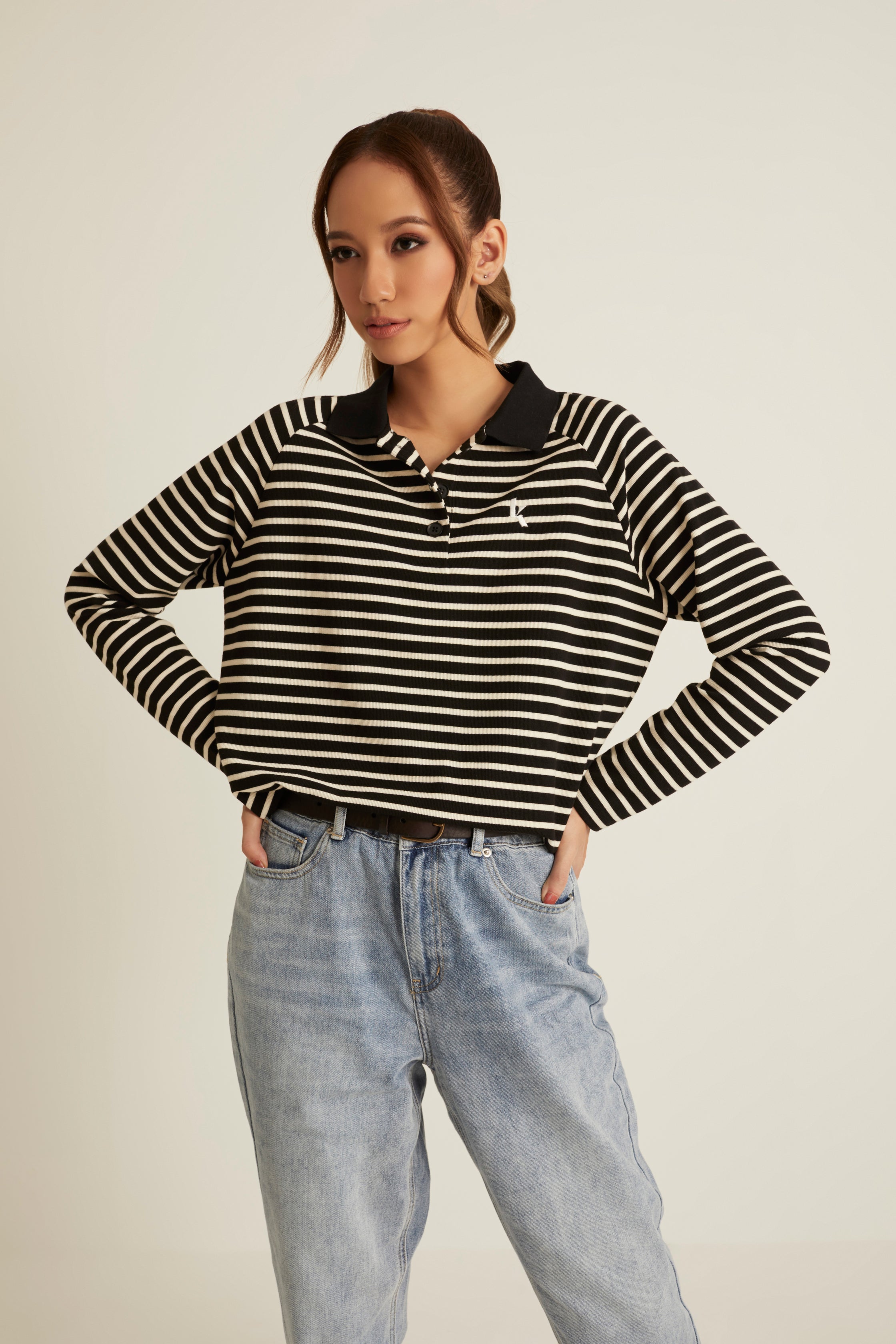 Black Striped Wool Top for Women