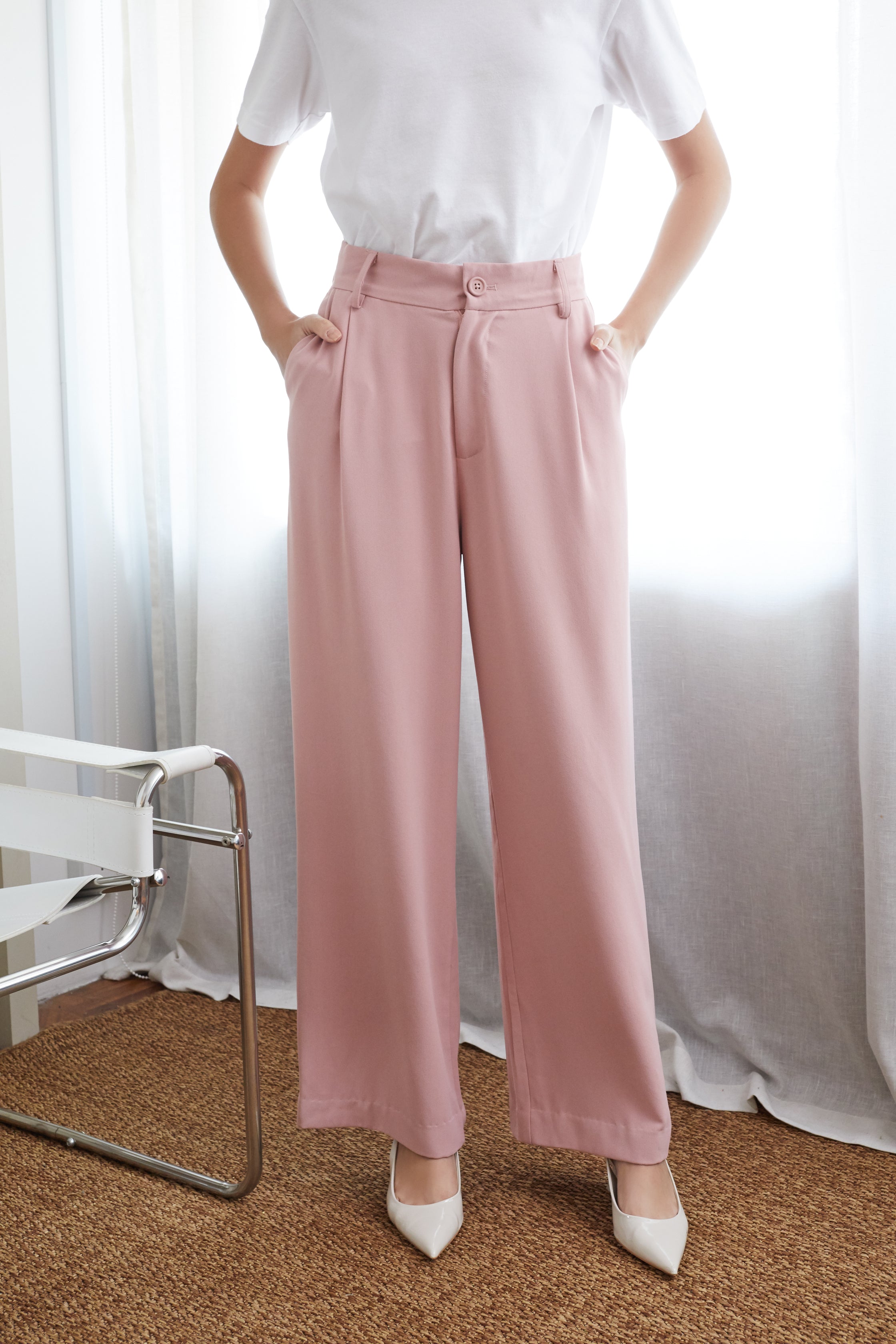 Blush Pink Straight Leg Fit Darted Pants