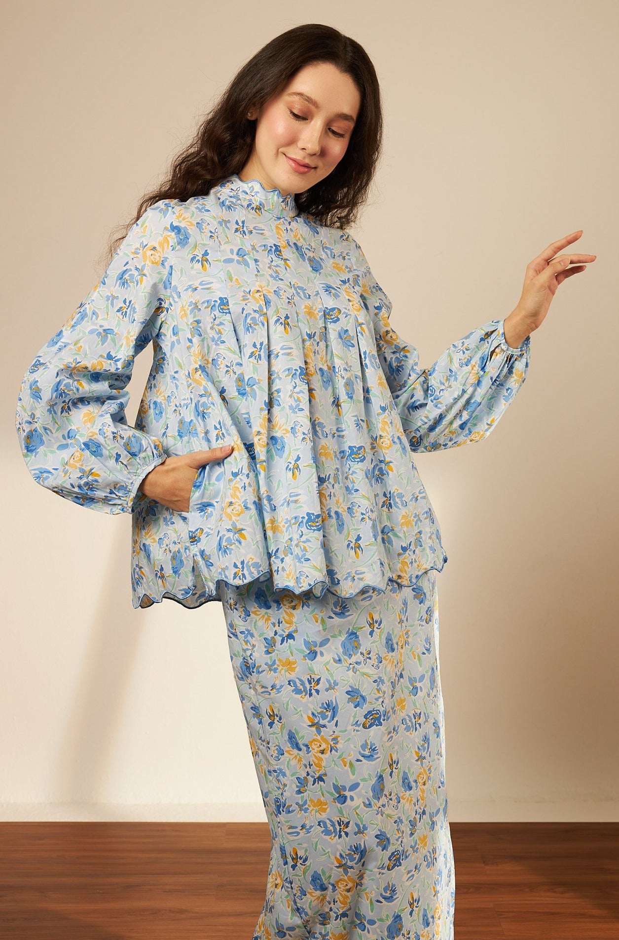 Laila Blue Mono Darted Kurung Set