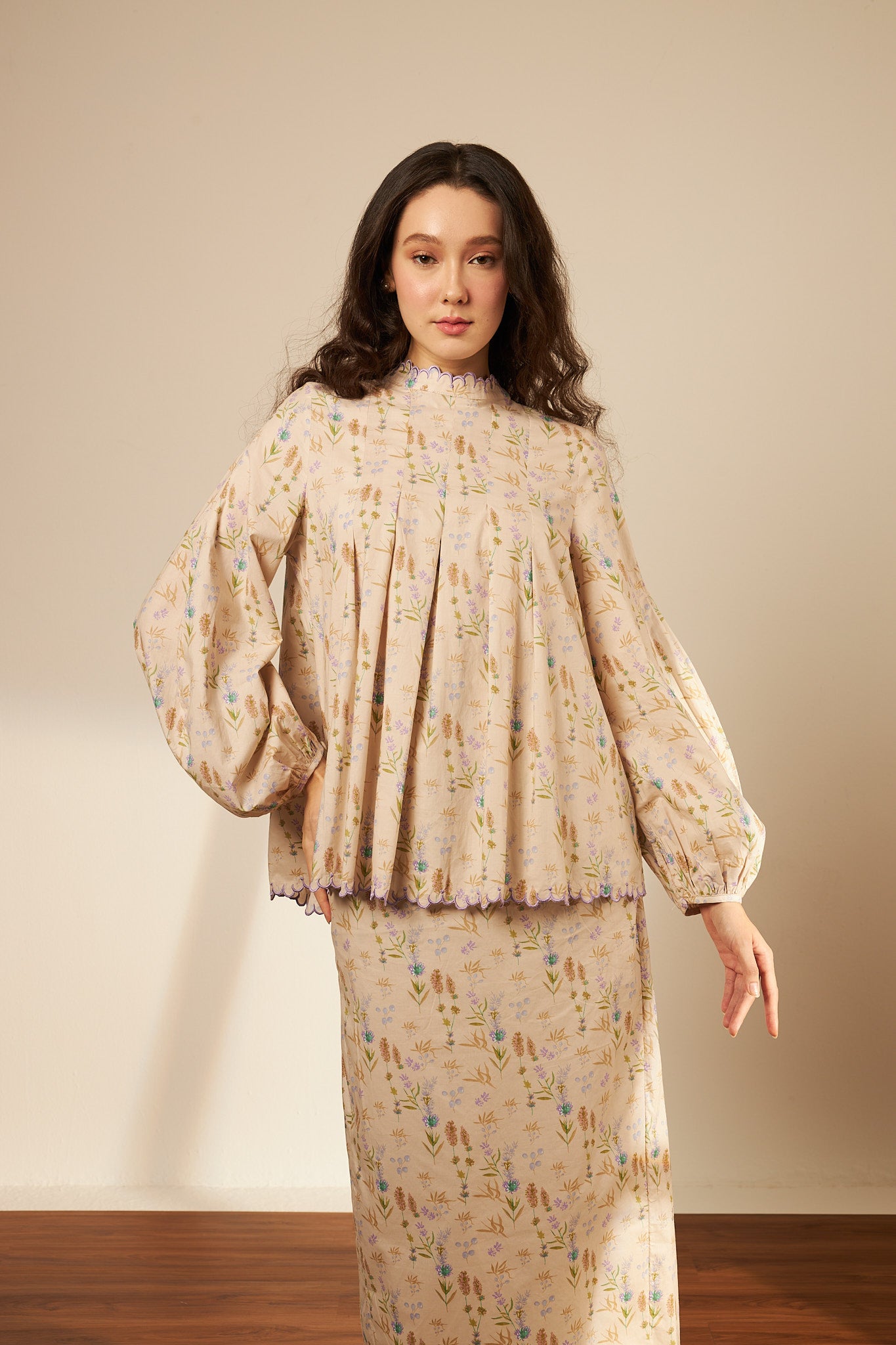 Laila Beige Mono Darted Kurung Set
