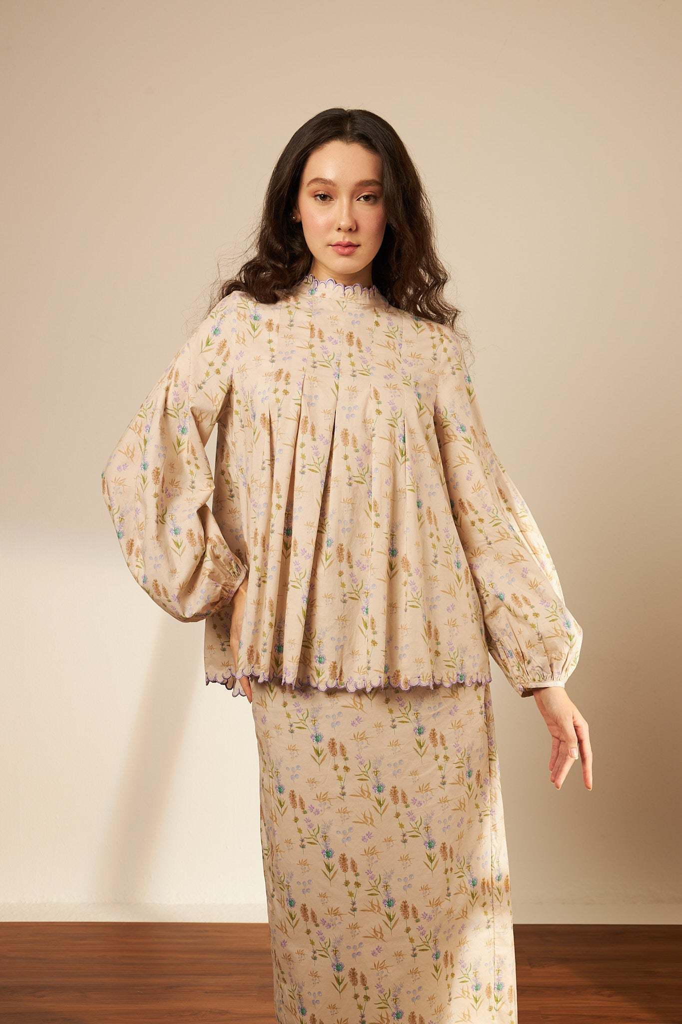 Laila Beige Mono Darted Kurung Set