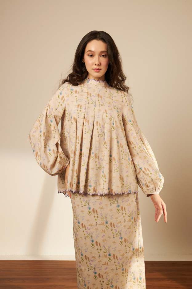 Laila Beige Mono Darted Kurung Set