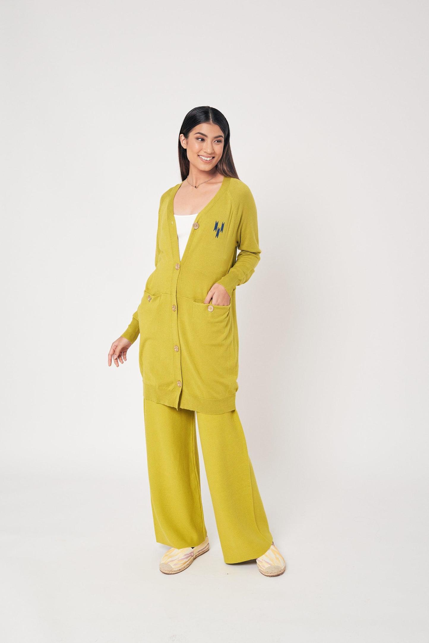Lime Green High Waist Wool Pants for Women