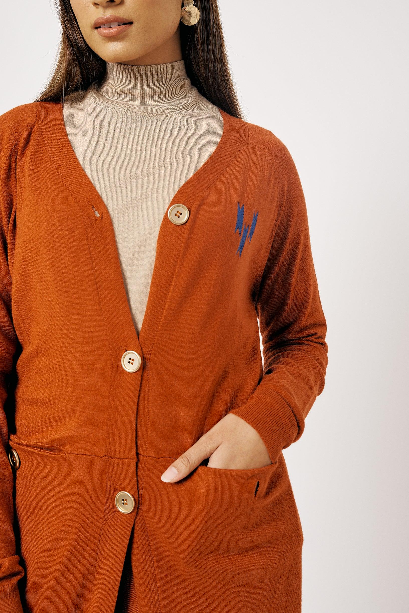 Burnt Orange Embroidered Wool Cardigan