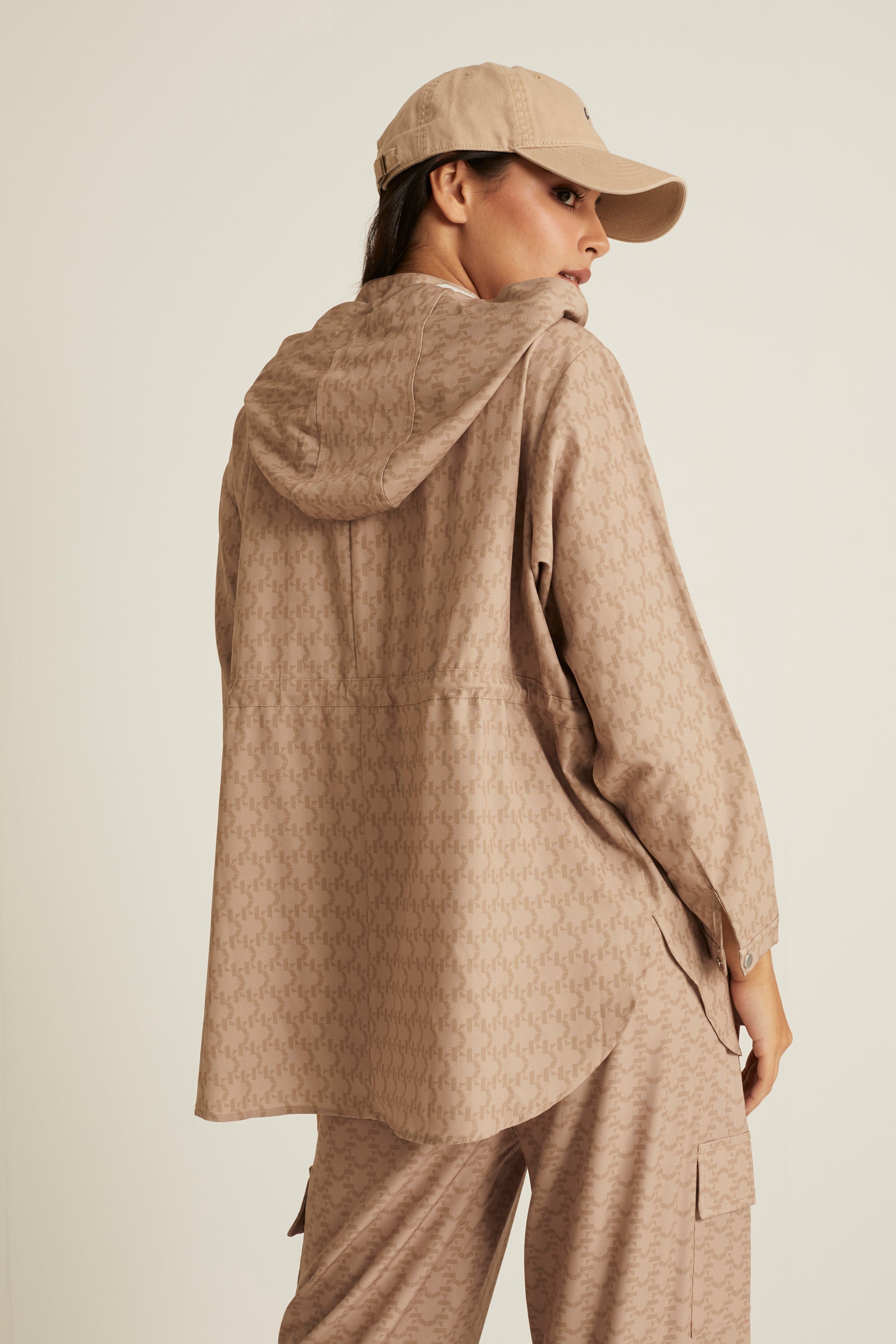 Brown Printed Parka Jacket for Ladies