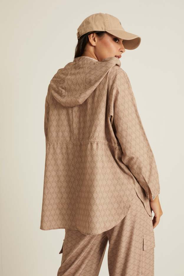 Brown Printed Parka Jacket for Ladies