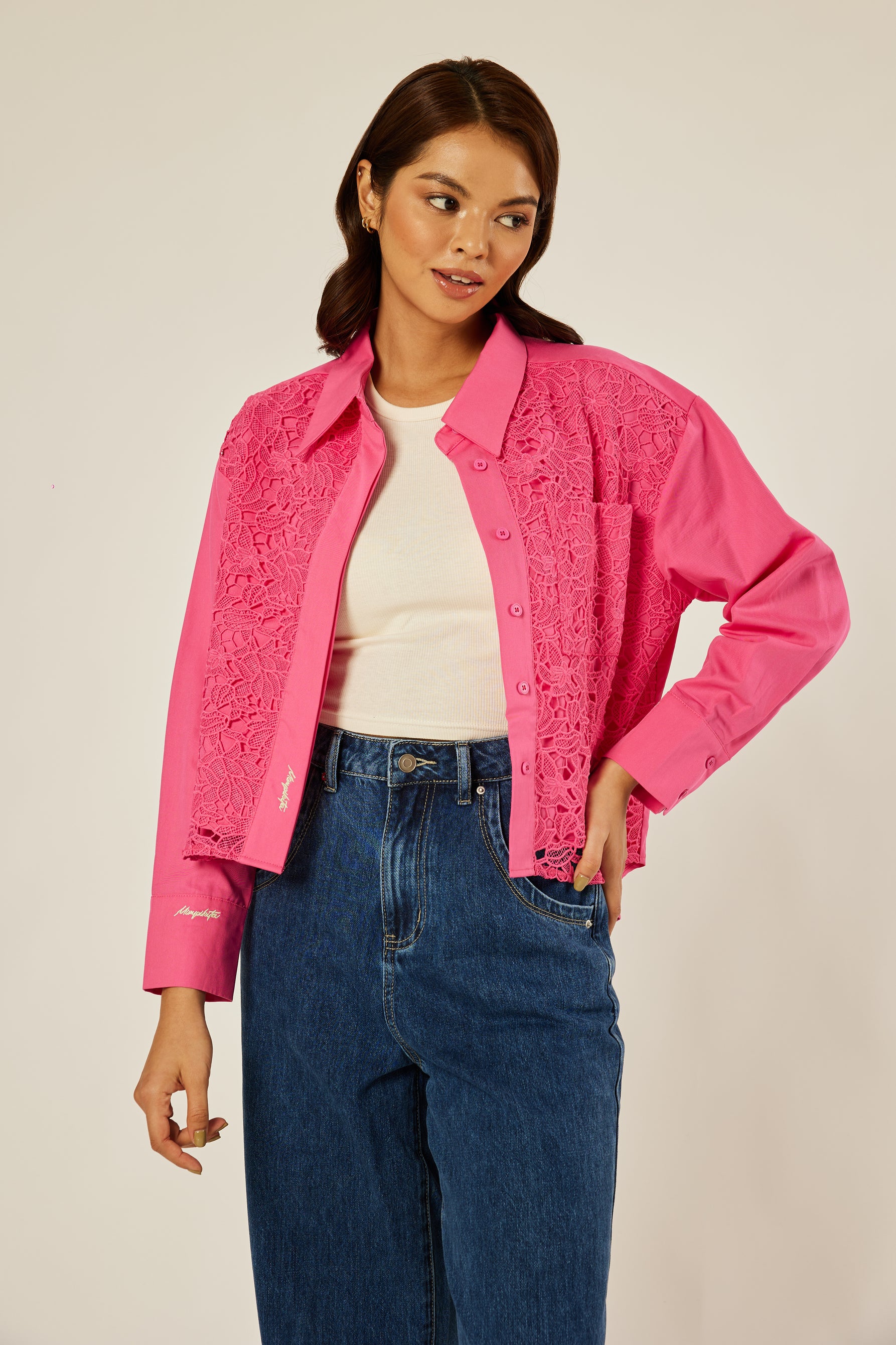 Haydee Hot Pink Cropped Eyelet Top