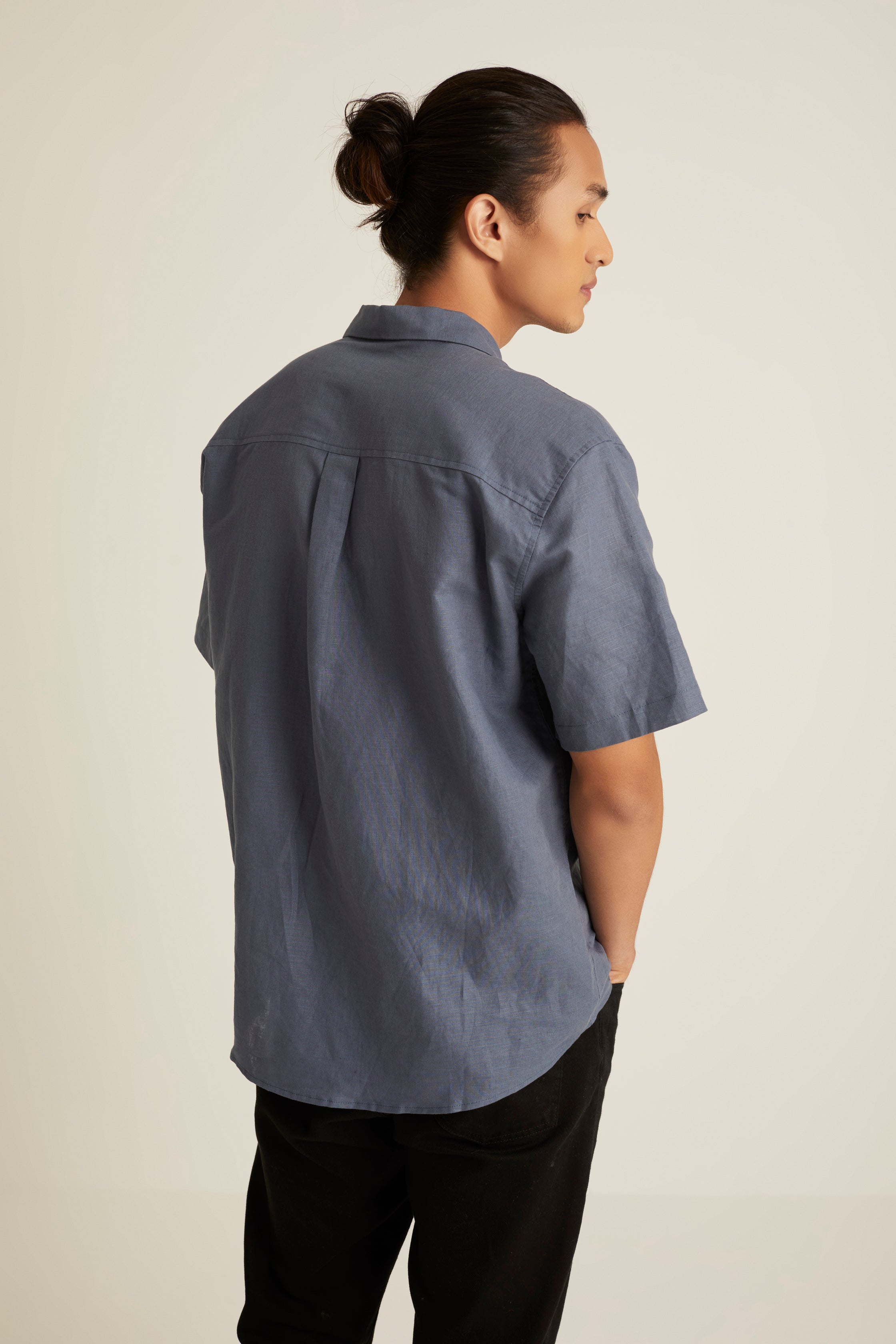 Men's Smoke Blue Short Sleeve Linen Shirt