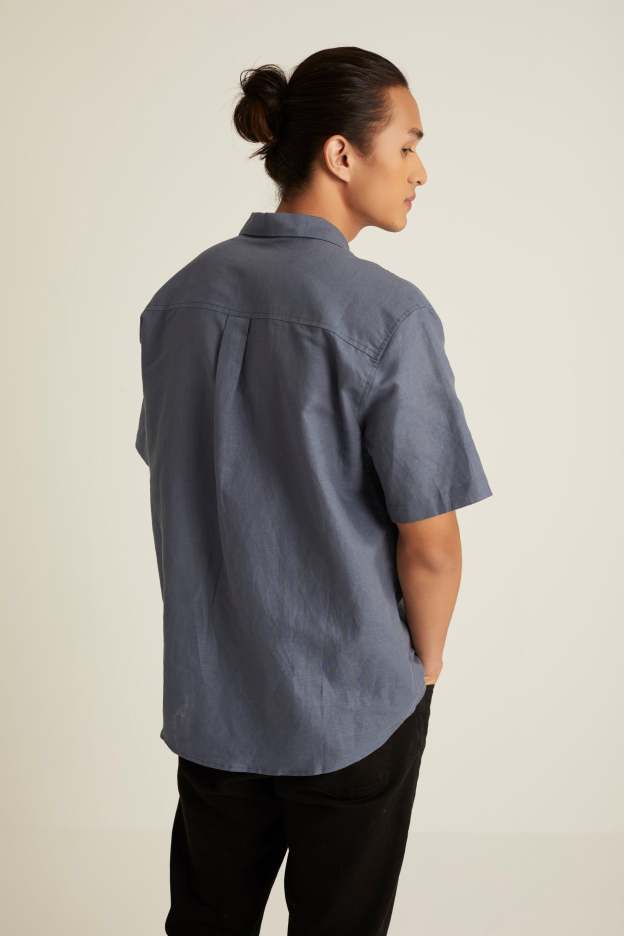 Men's Smoke Blue Short Sleeve Linen Shirt