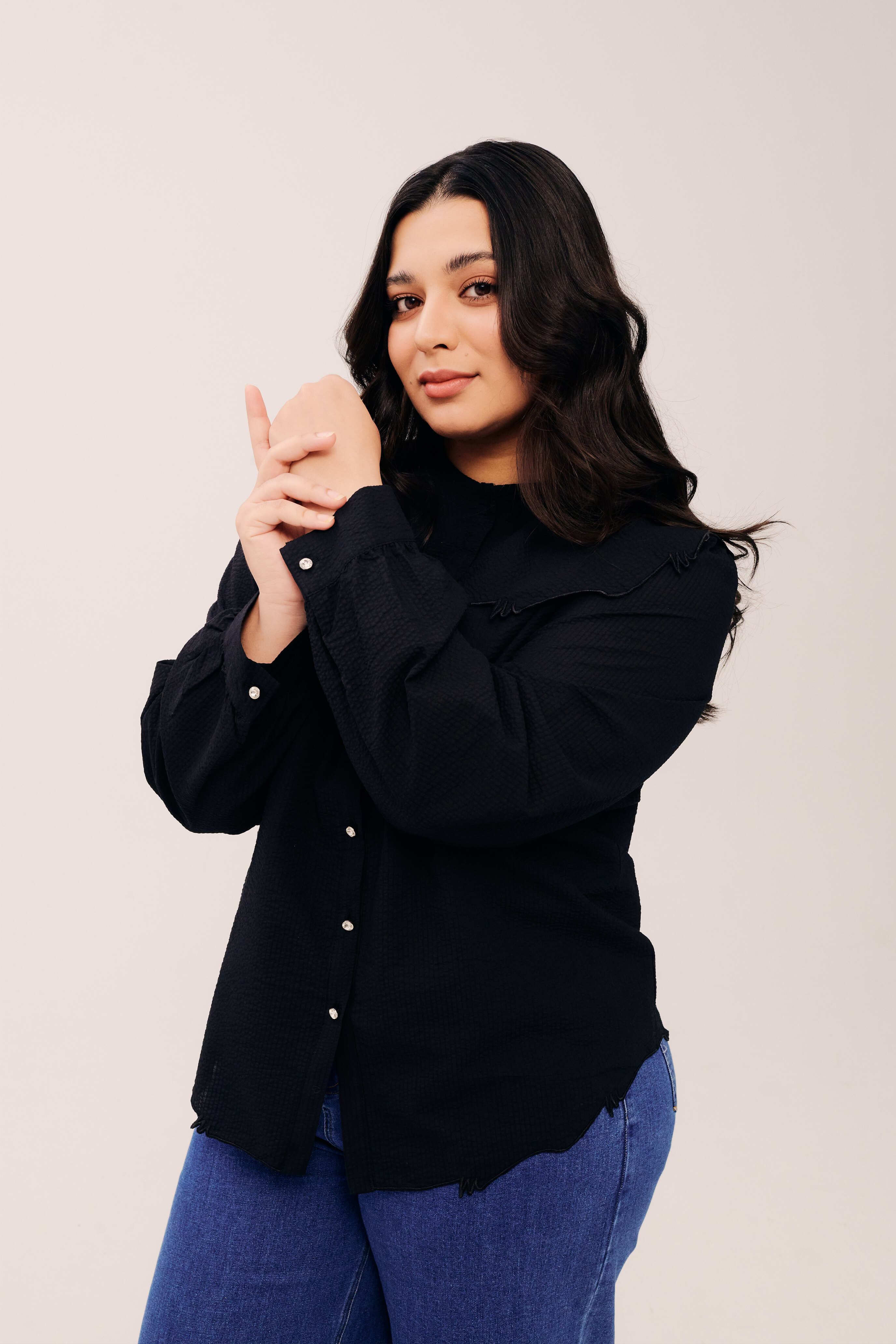 Lapel Black Long Sleeve Embroidered Top for Women
