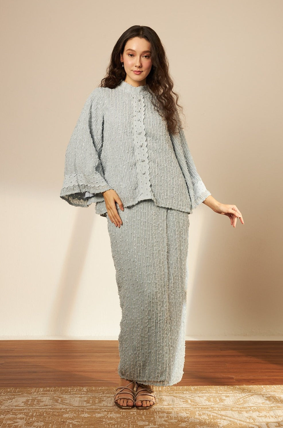 Samara Blue Button-Up Lace Kurung Set
