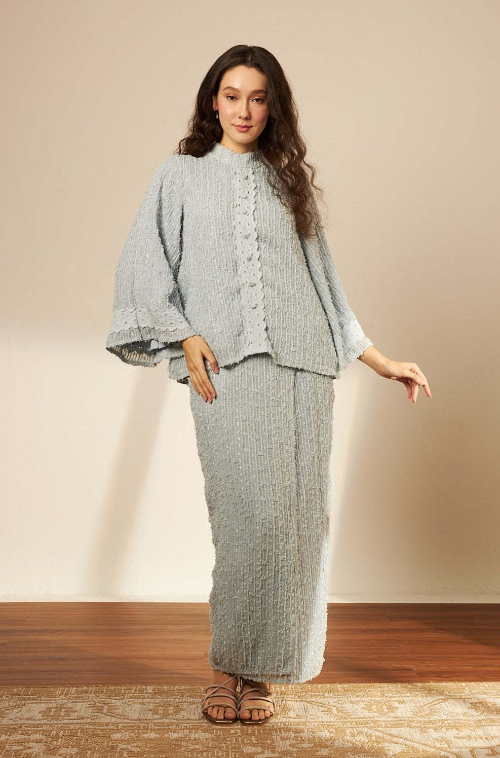 Samara Blue Button-Up Lace Kurung Set