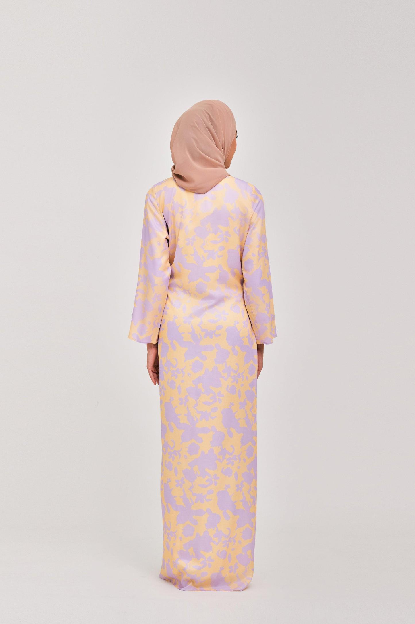 Lilac Yellow Daffodil Buttoned Wrap Dress - Mimpikita