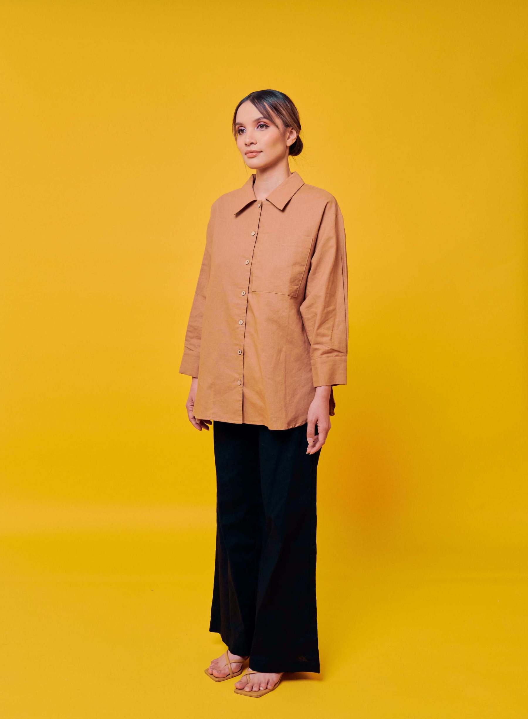 Rhu Camel Brown Linen Long Sleeve Shirt