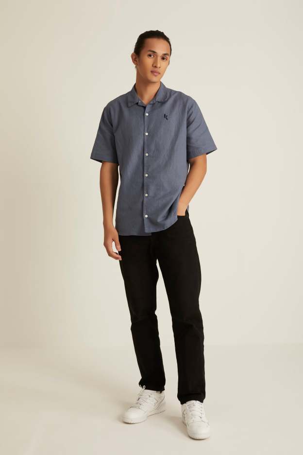 Men's Smoke Blue Short Sleeve Linen Shirt