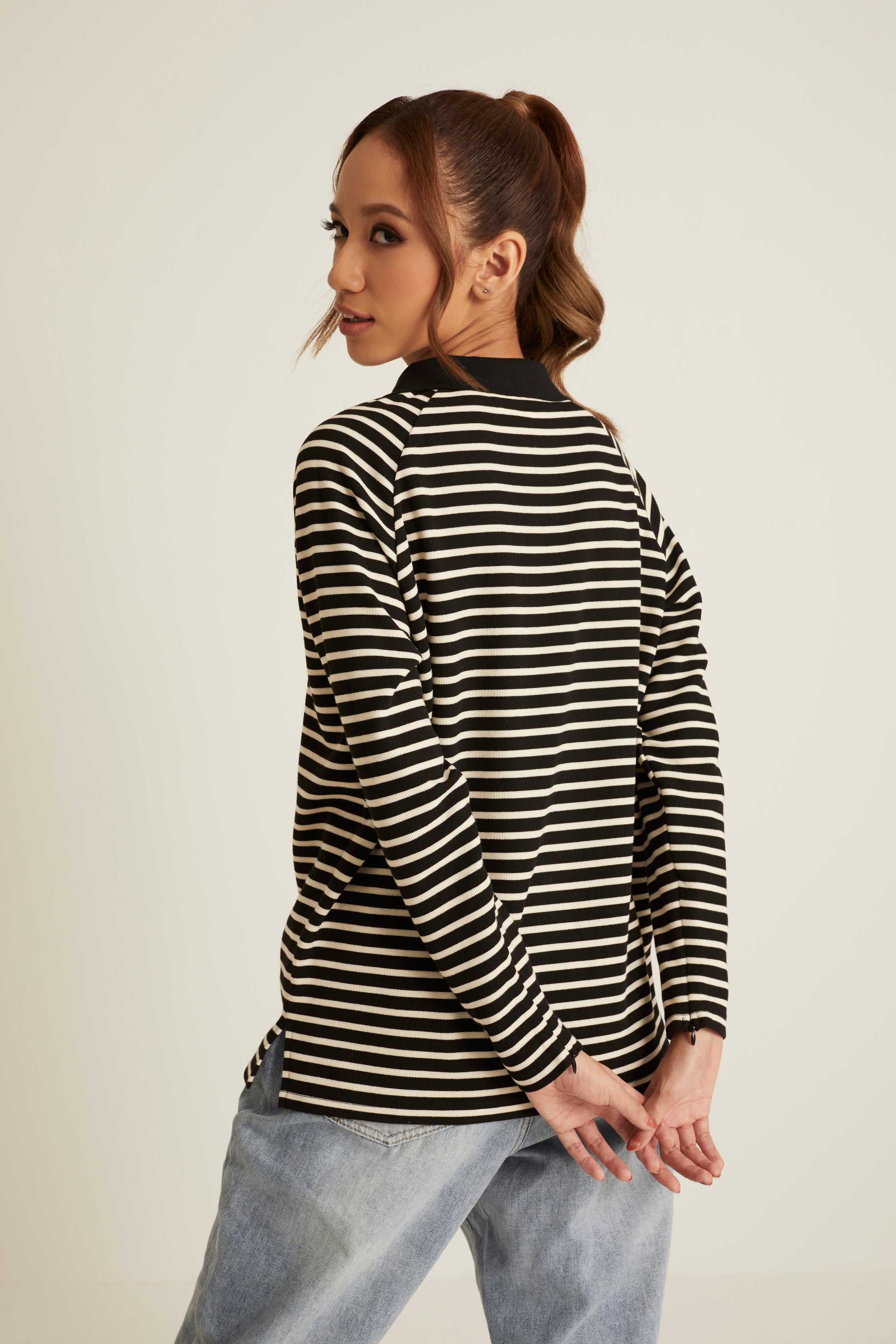 Black Striped Wool Top for Women