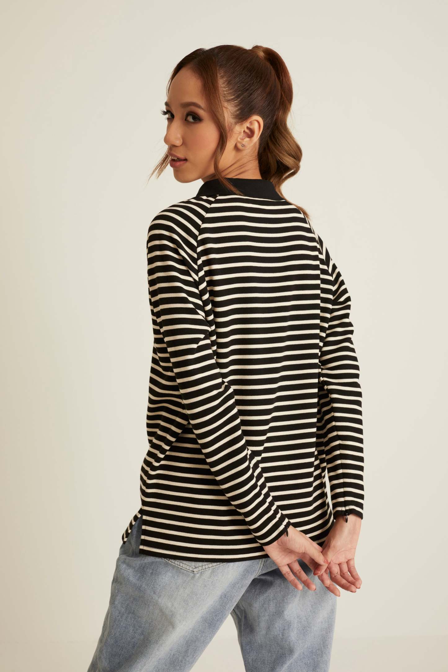 Black Striped Wool Top for Women