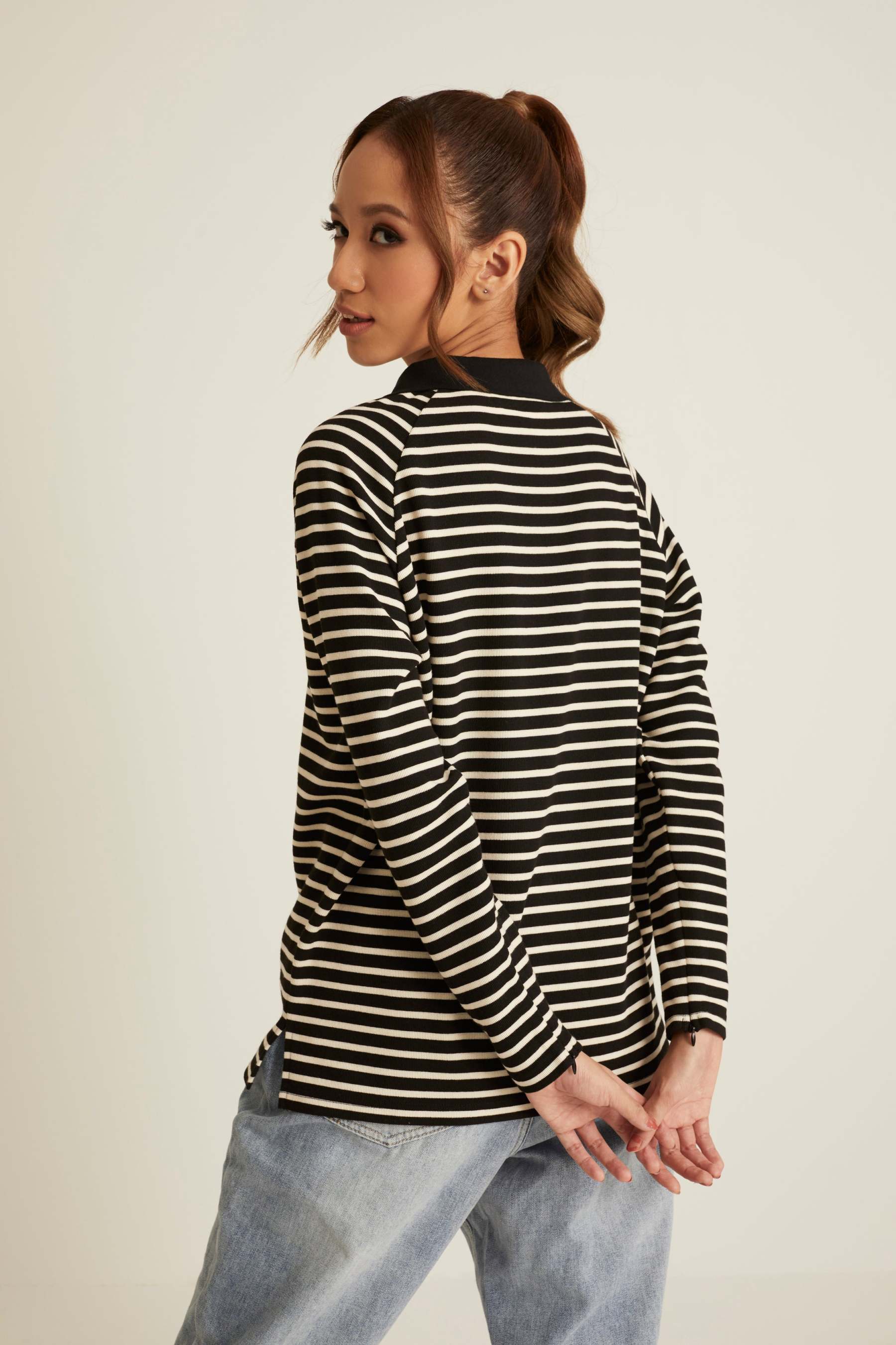 Black Striped Wool Top for Women