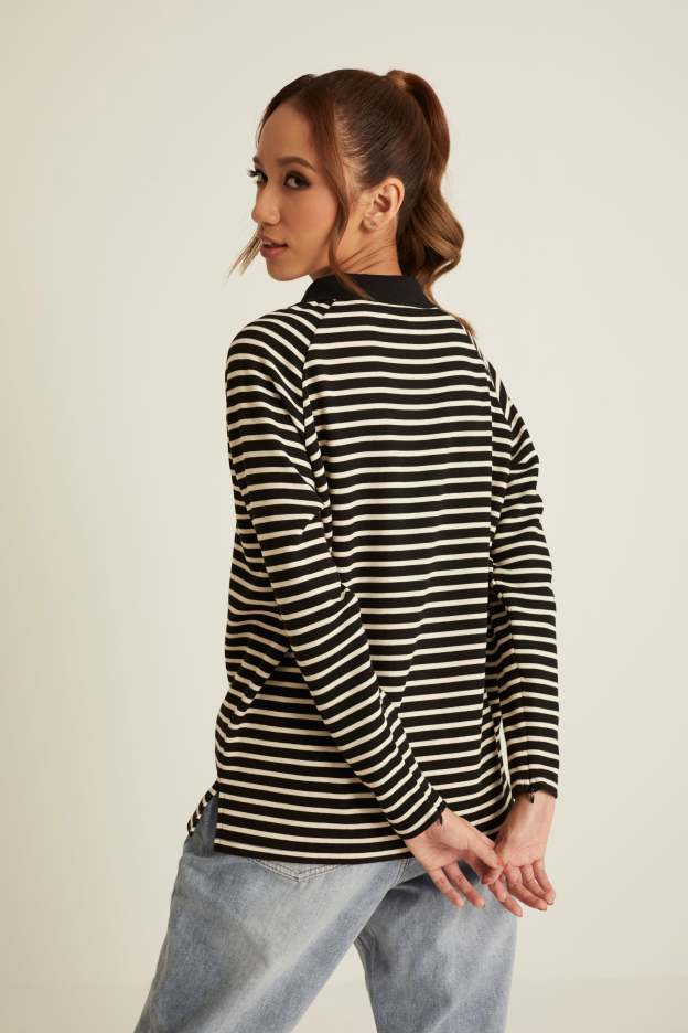 Black Striped Wool Top for Women