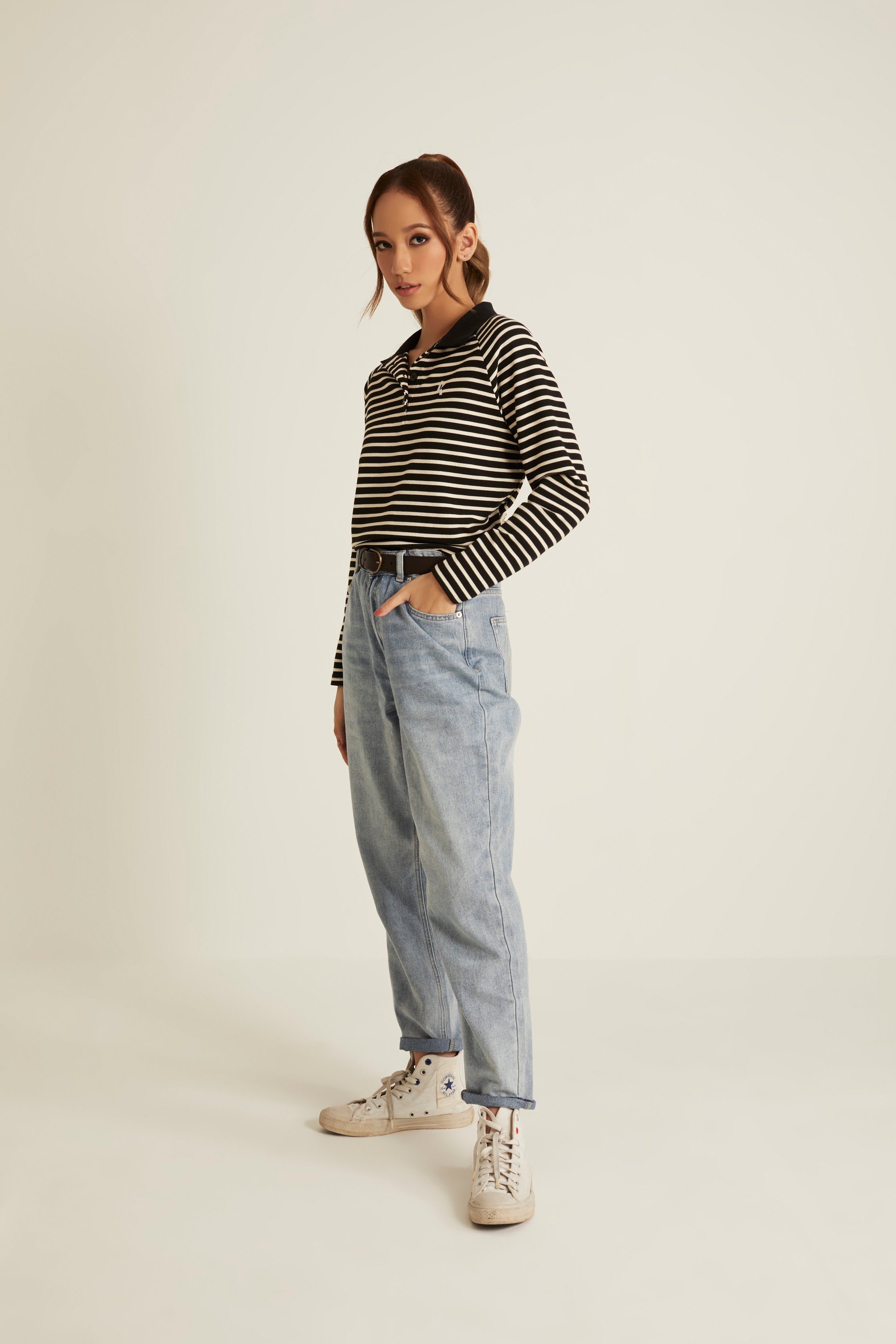 Black Striped Wool Top for Women