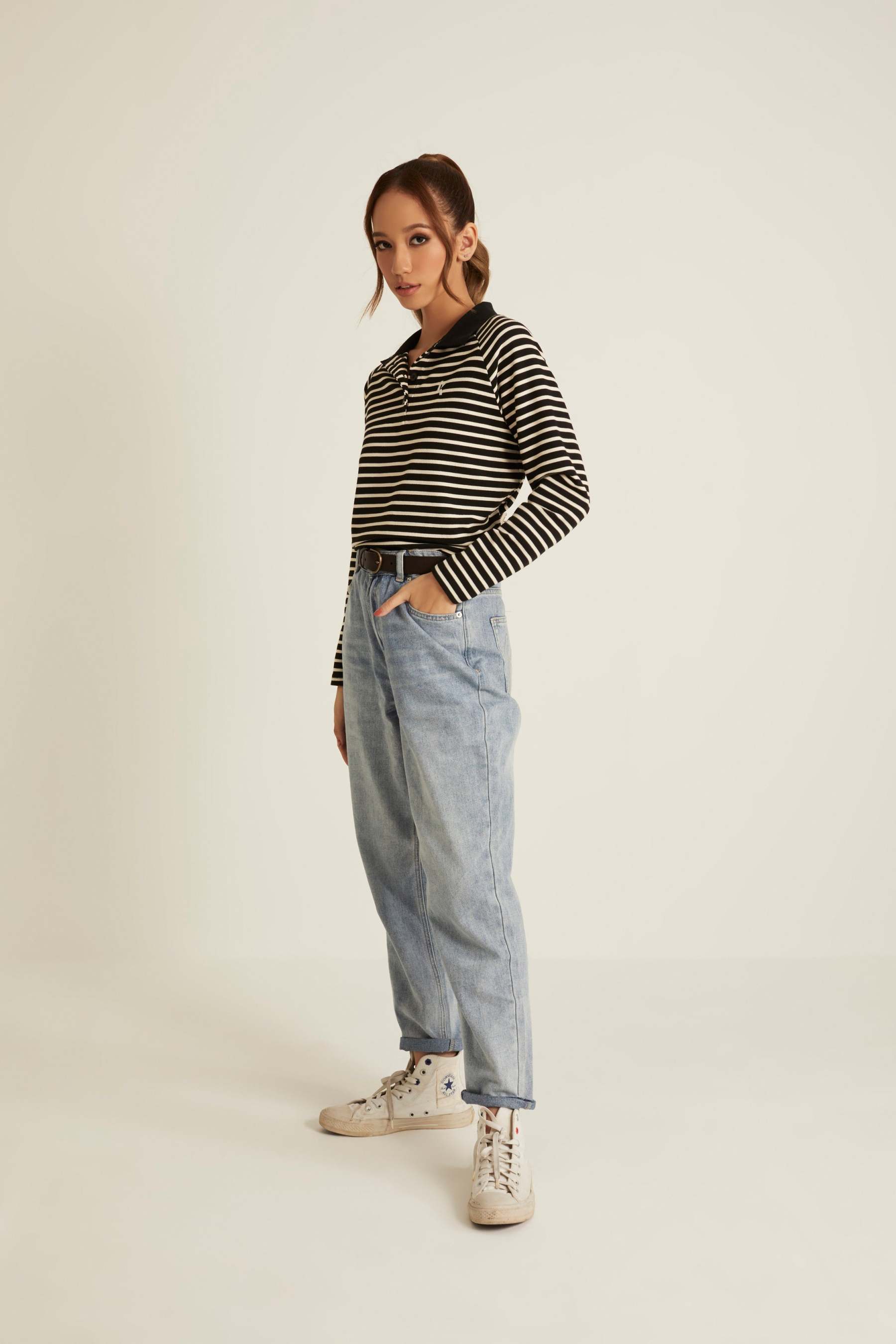 Black Striped Wool Top for Women