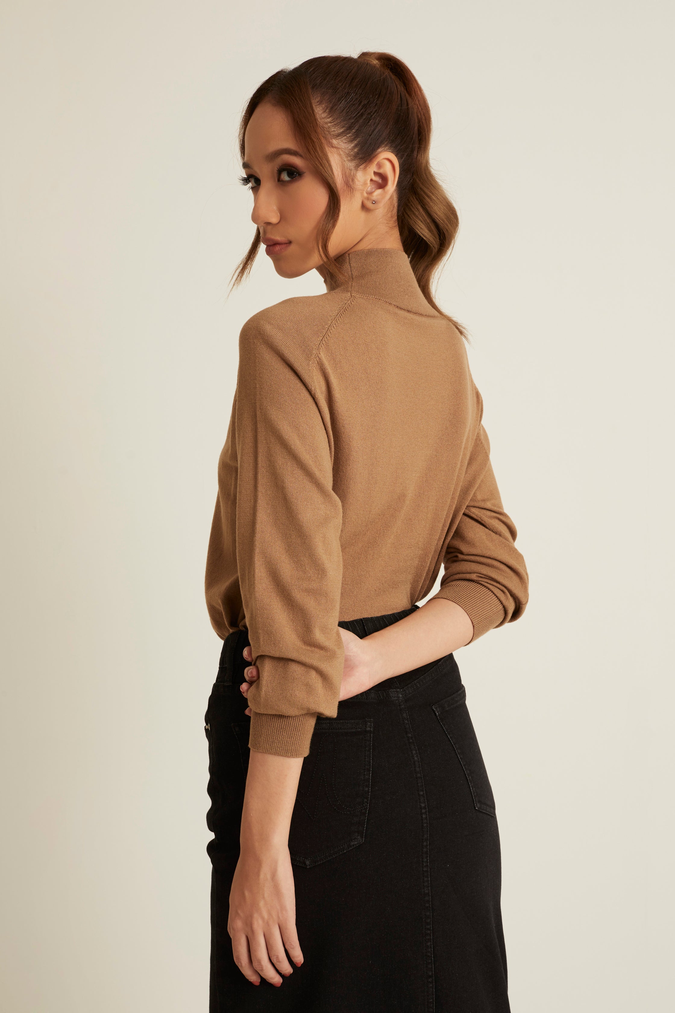 Brown Wool Long Sleeve Top for Women