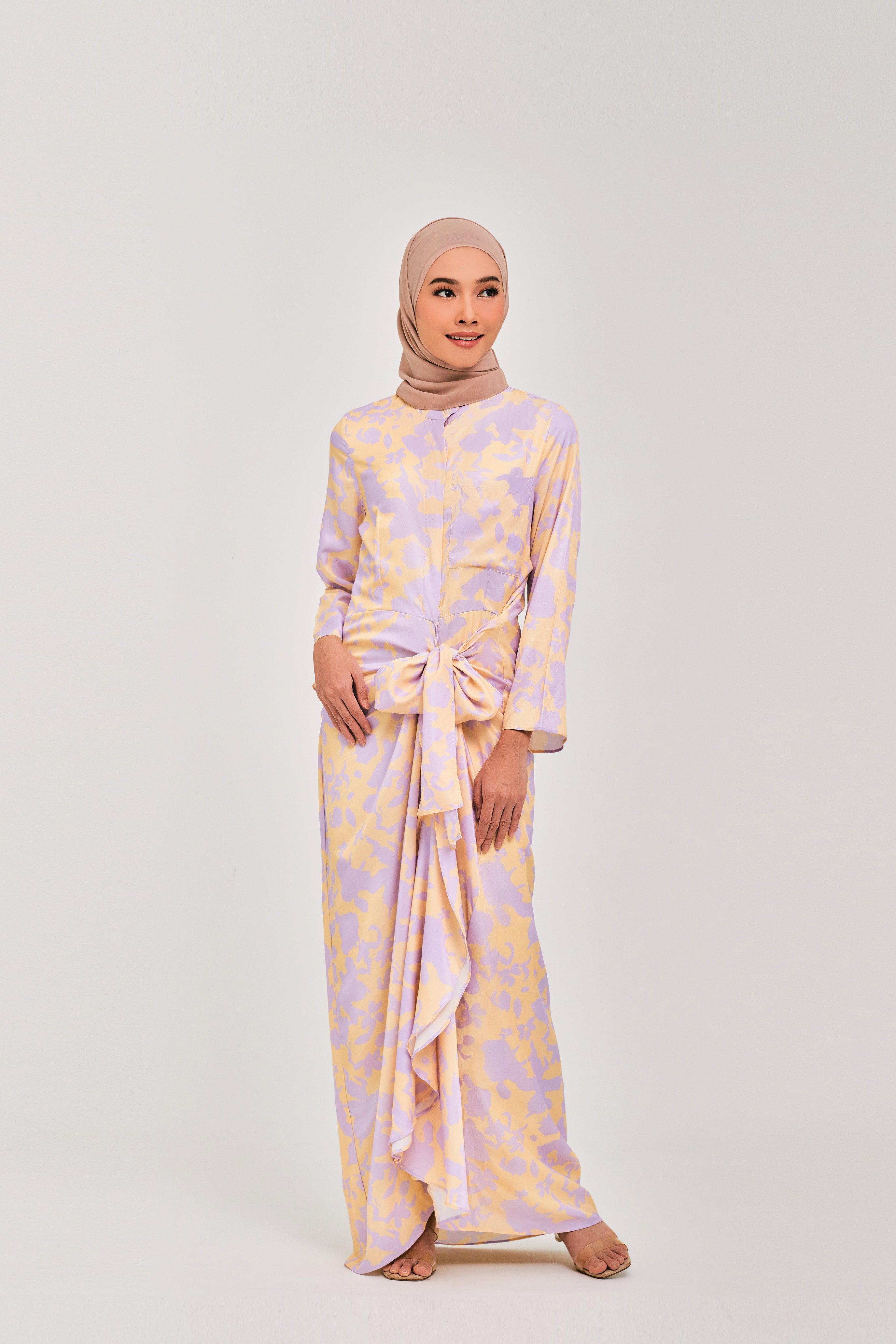 Lilac Yellow Daffodil Buttoned Wrap Dress - Mimpikita