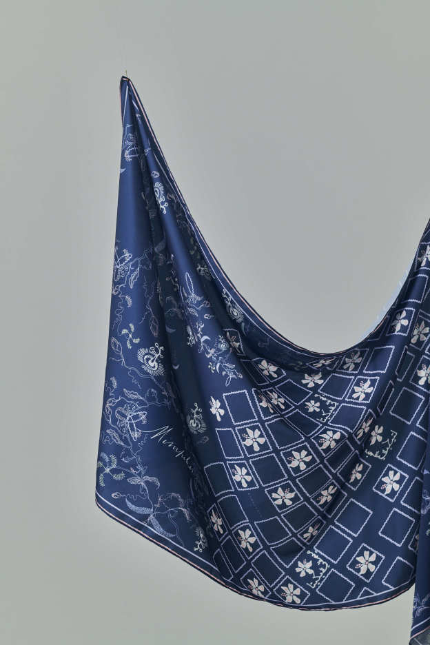 Raia Navy Blue Satin Silk Shawl