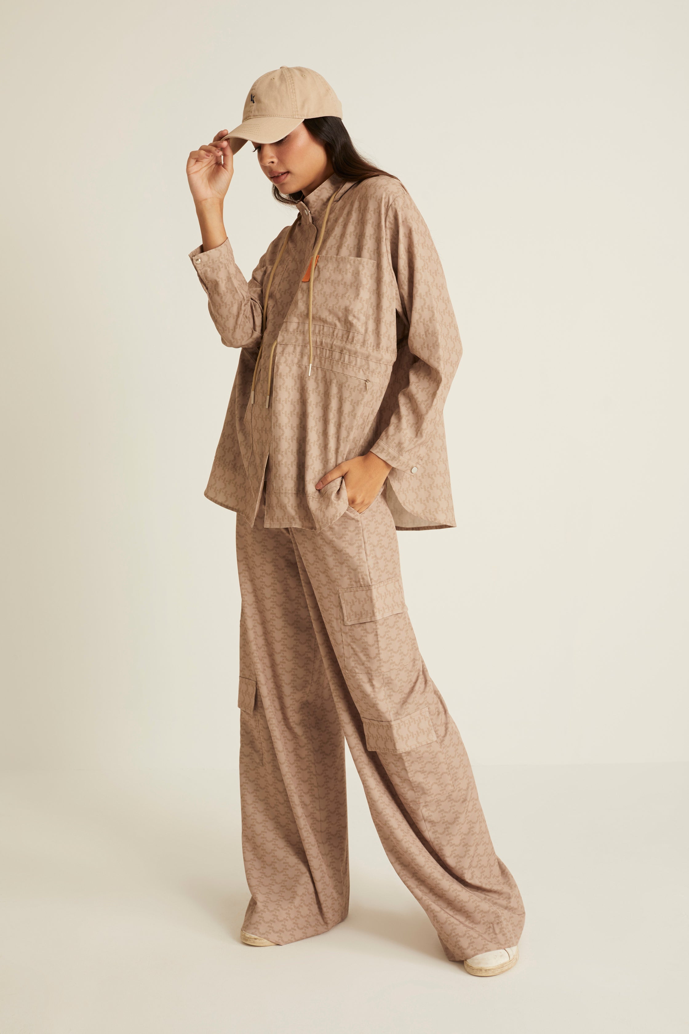 Brown Printed Parka Jacket for Ladies