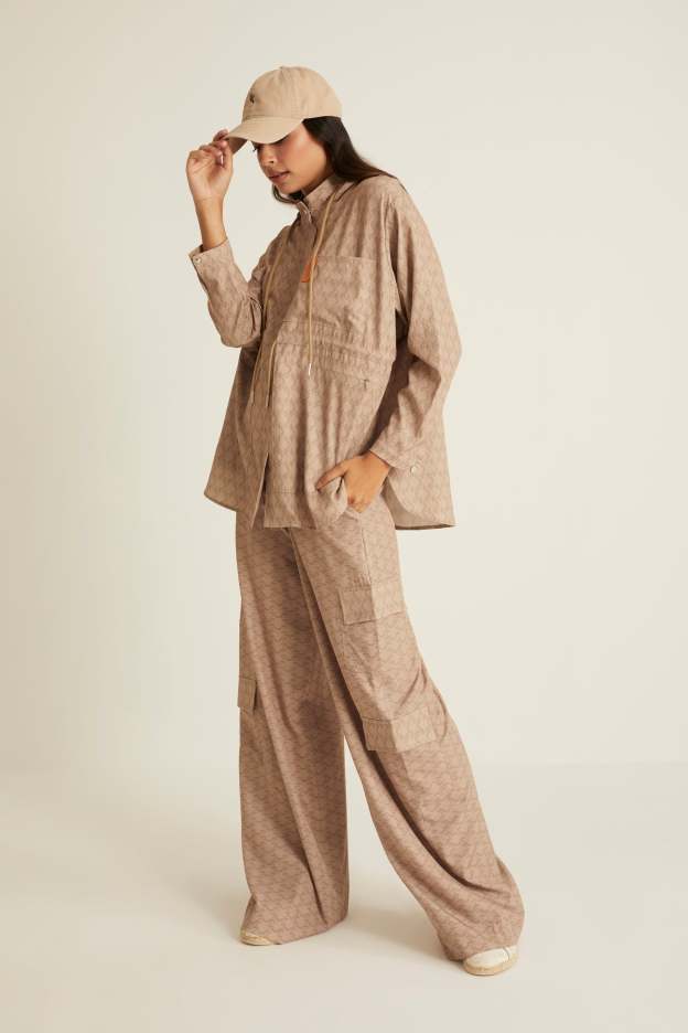 Brown Printed Parka Jacket for Ladies