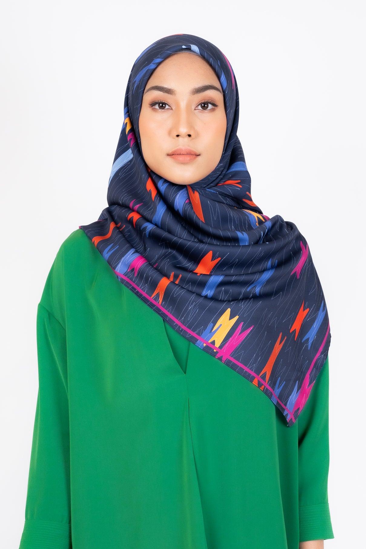 Miu Navy Satin Square Scarf