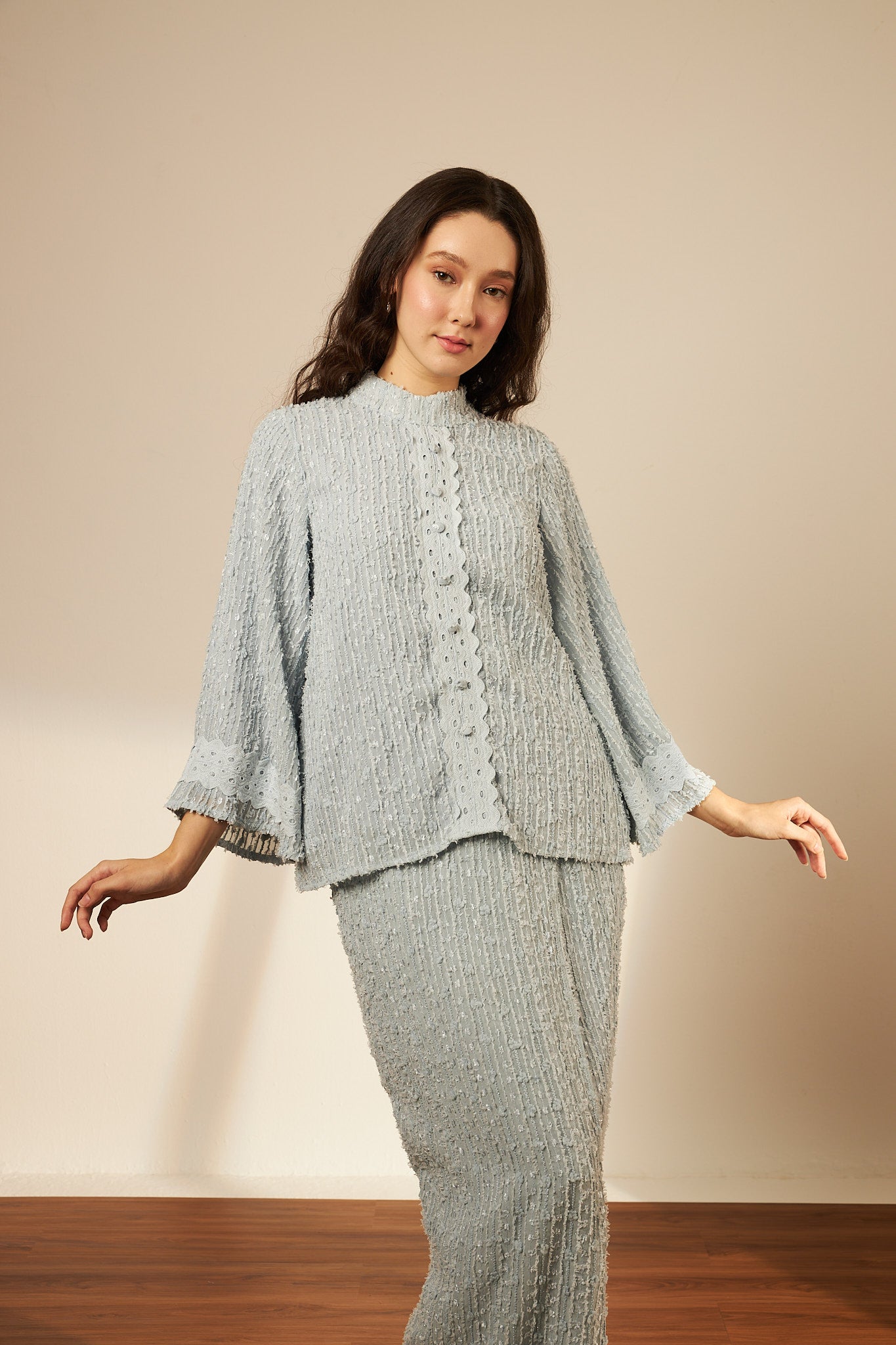 Samara Blue Button-Up Lace Kurung Set