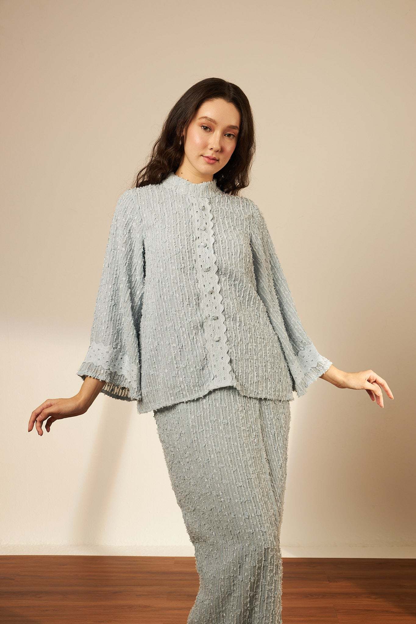 Samara Blue Button-Up Lace Kurung Set