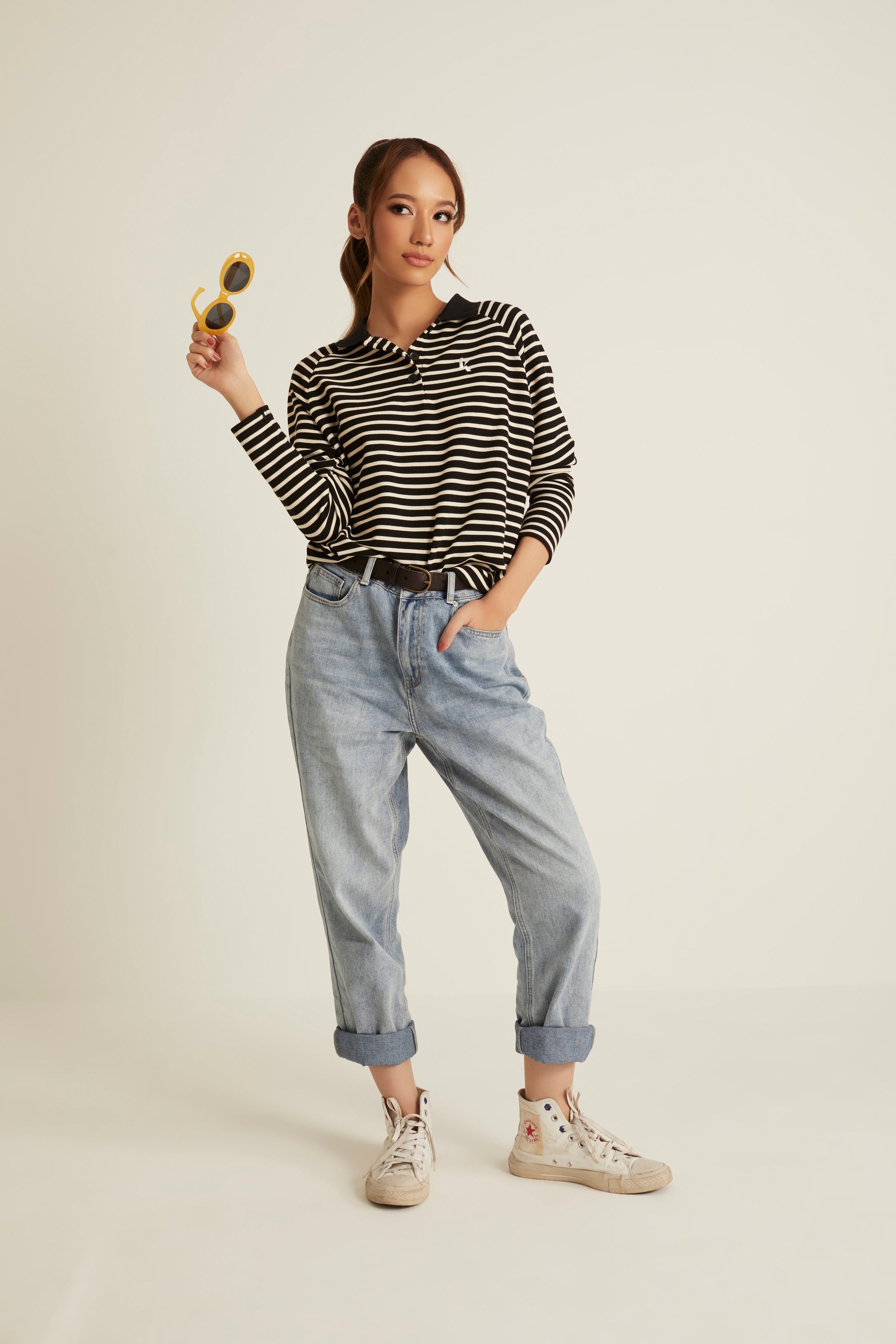 Black Striped Wool Top for Women