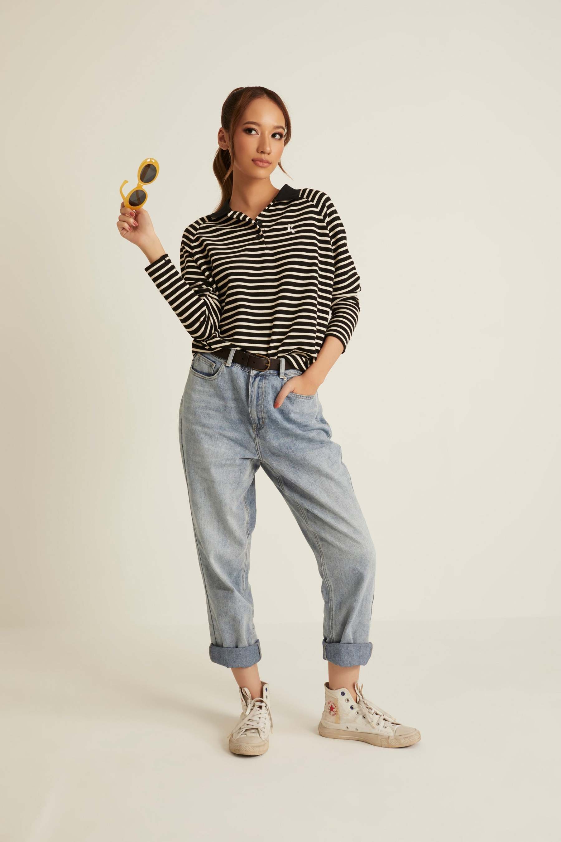 Black Striped Wool Top for Women