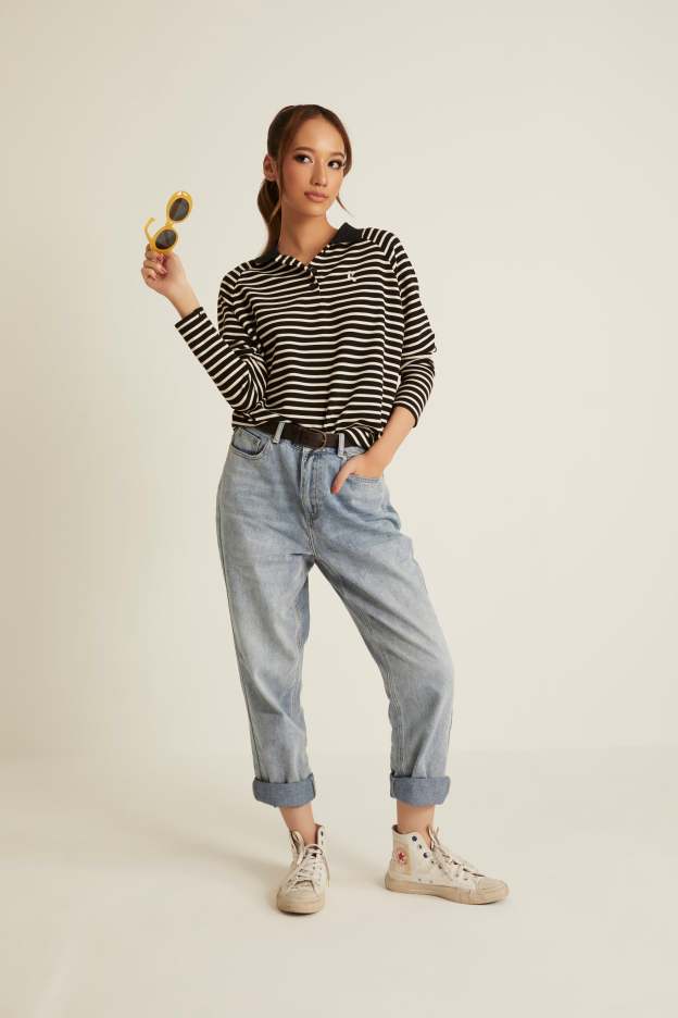 Black Striped Wool Top for Women