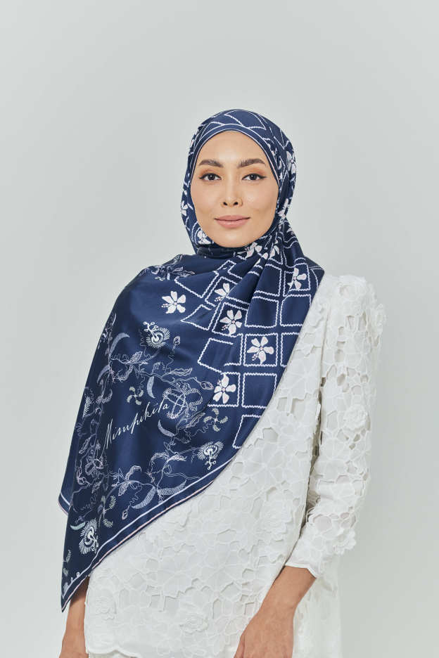 Raia Navy Blue Satin Silk Shawl