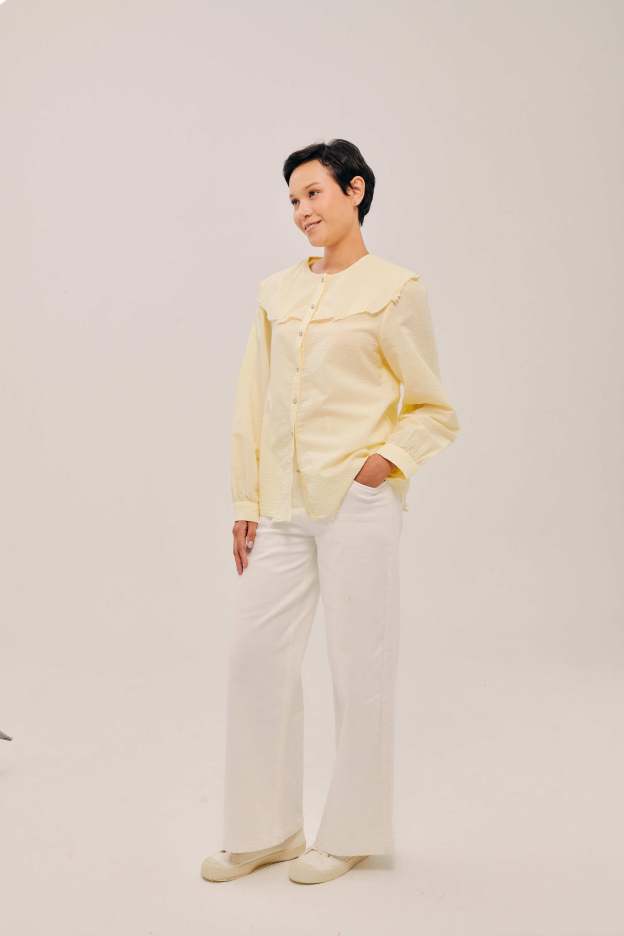 Lapel Crayola Yelloe Long Sleeve Embroidered Top