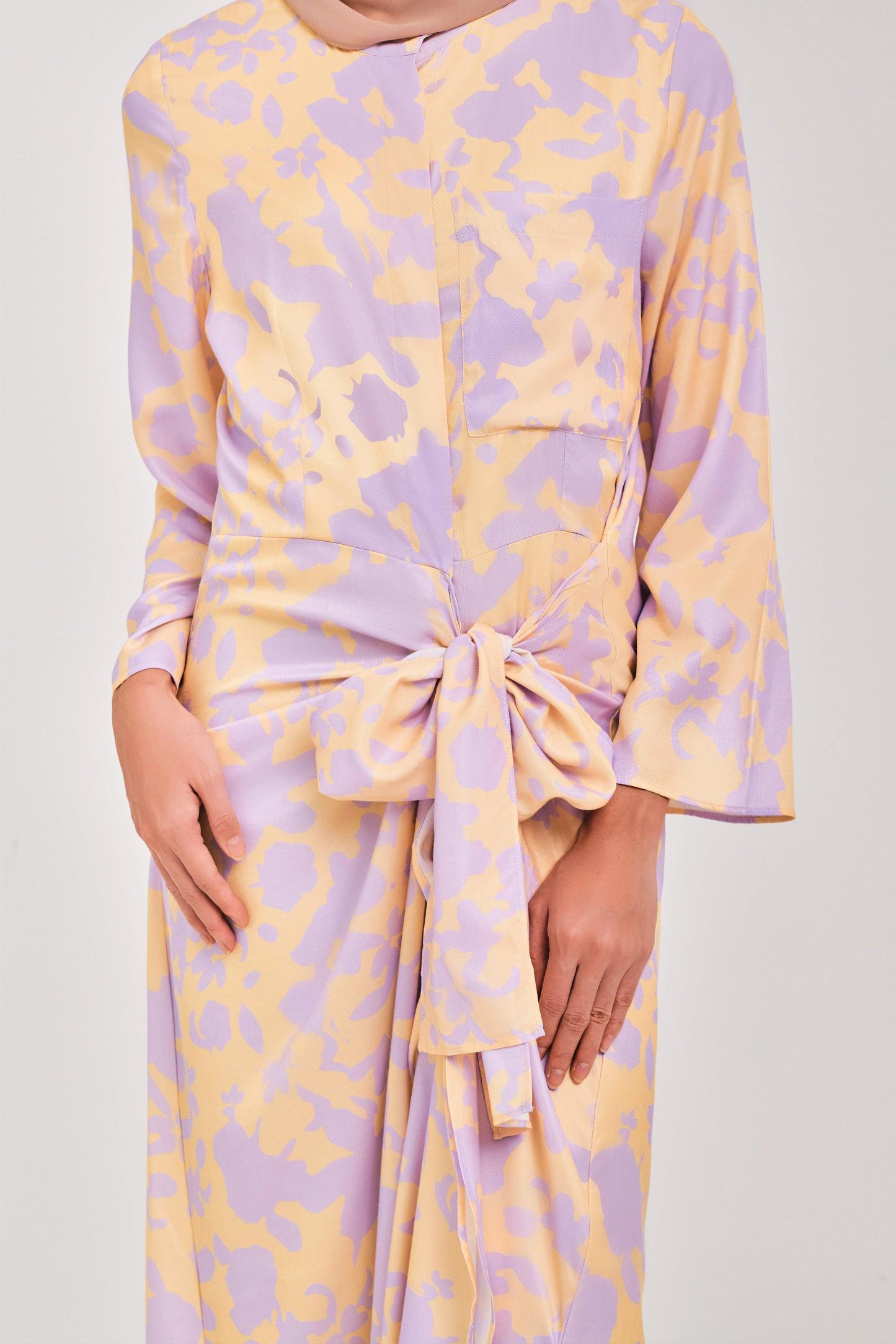 Lilac Yellow Daffodil Buttoned Wrap Dress - Mimpikita