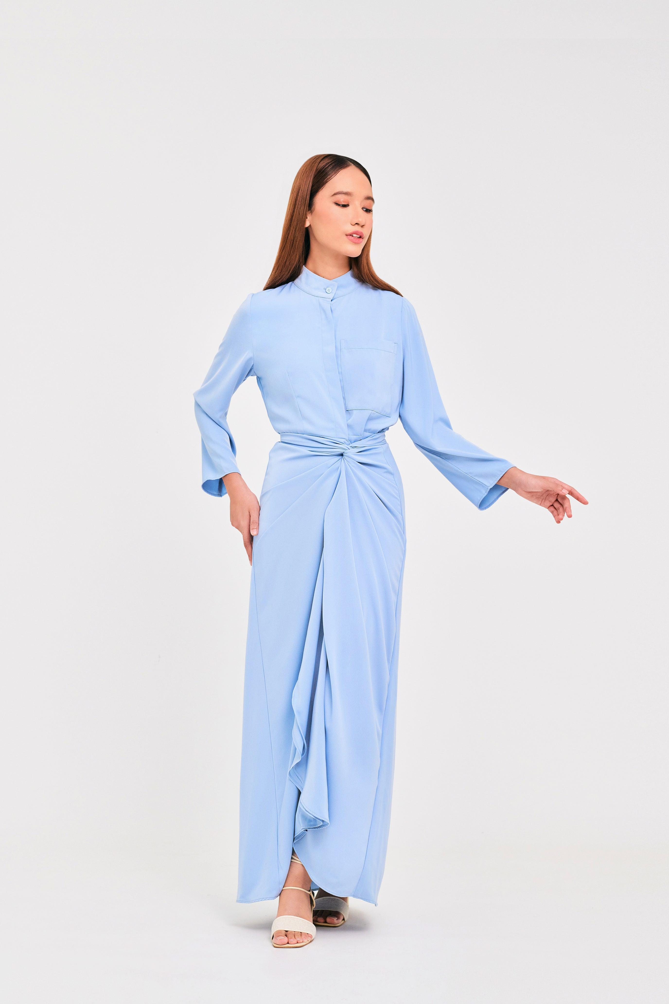 Blue Buttoned Wrap Dress - Mimpikita