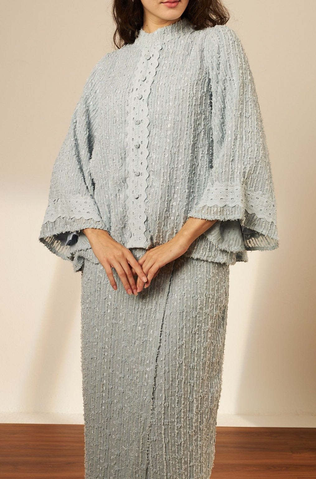 Samara Blue Button-Up Lace Kurung Set
