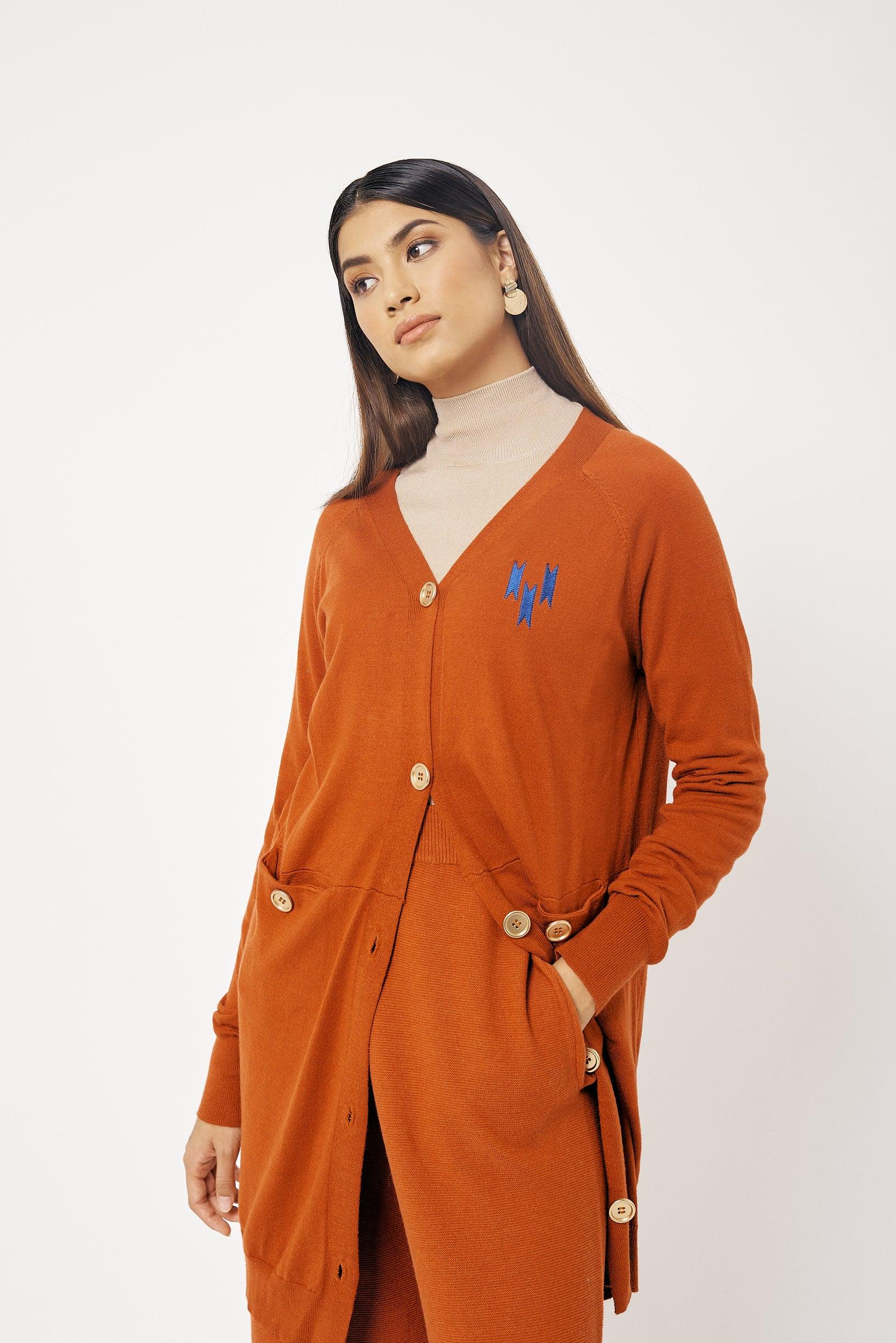 Burnt Orange Embroidered Wool Cardigan