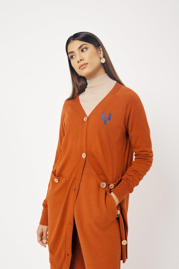 Burnt Orange Embroidered Wool Cardigan