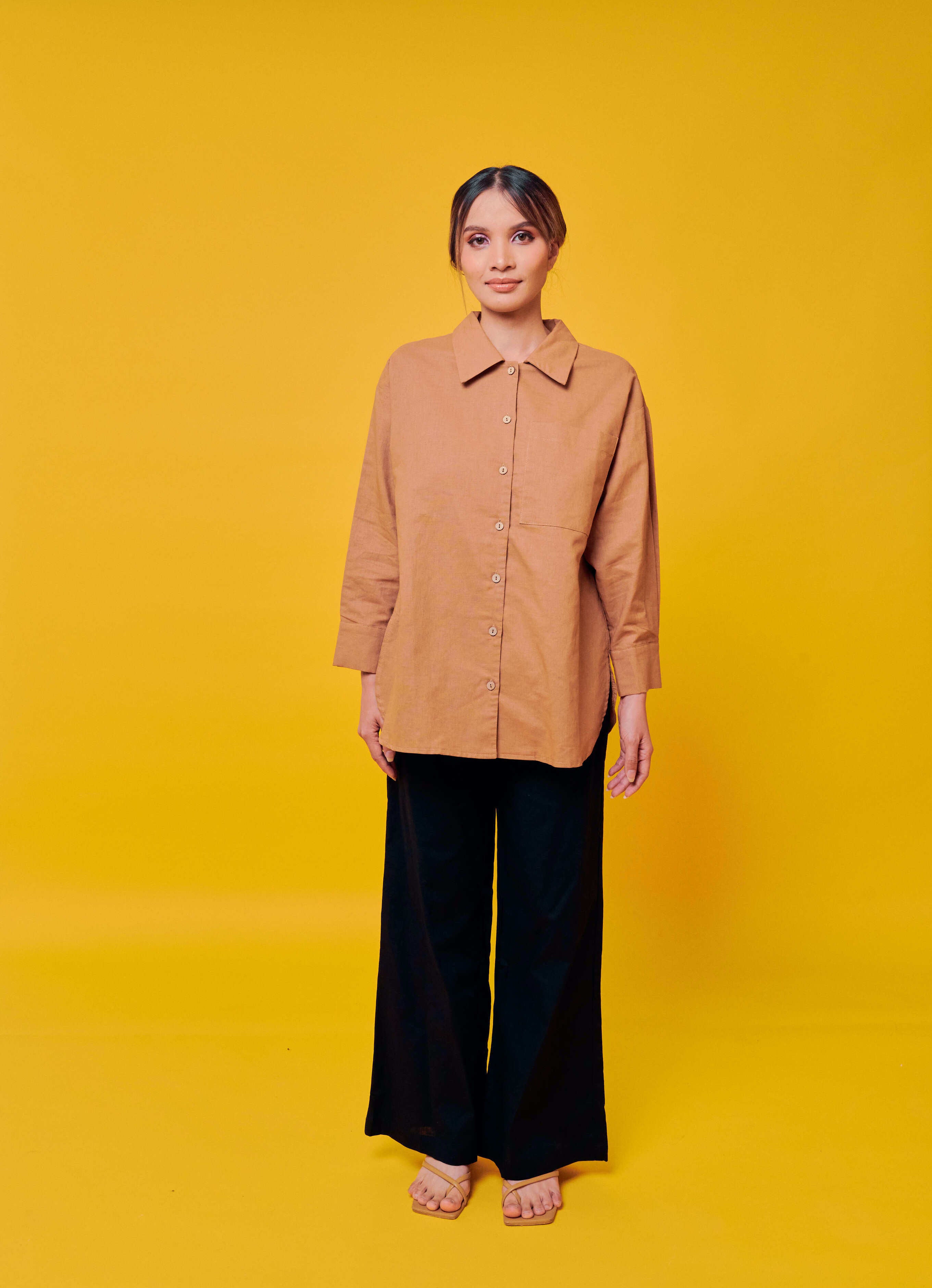 Rhu Camel Brown Linen Long Sleeve Shirt