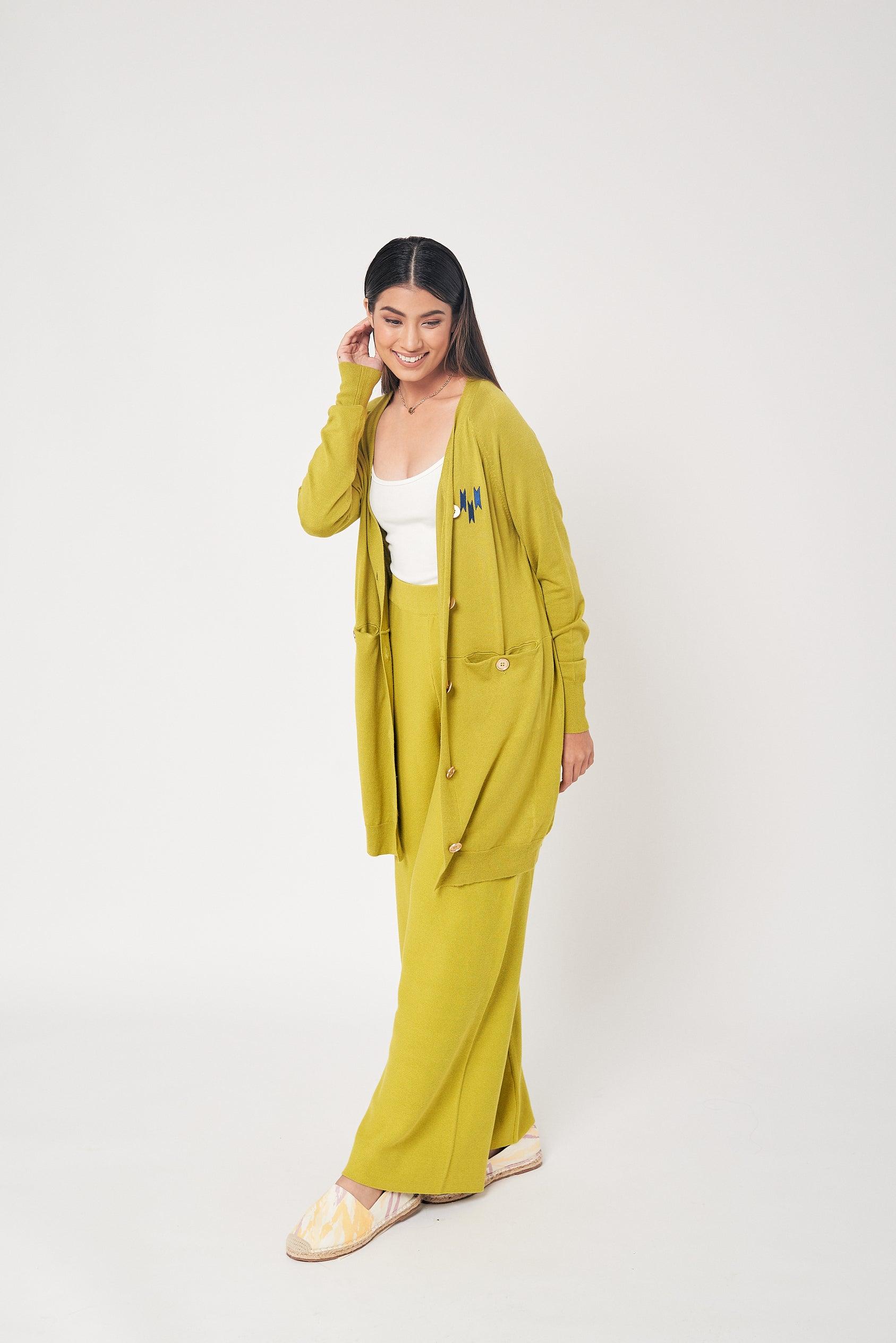 Lime Green Embroidered Wool Cardigan