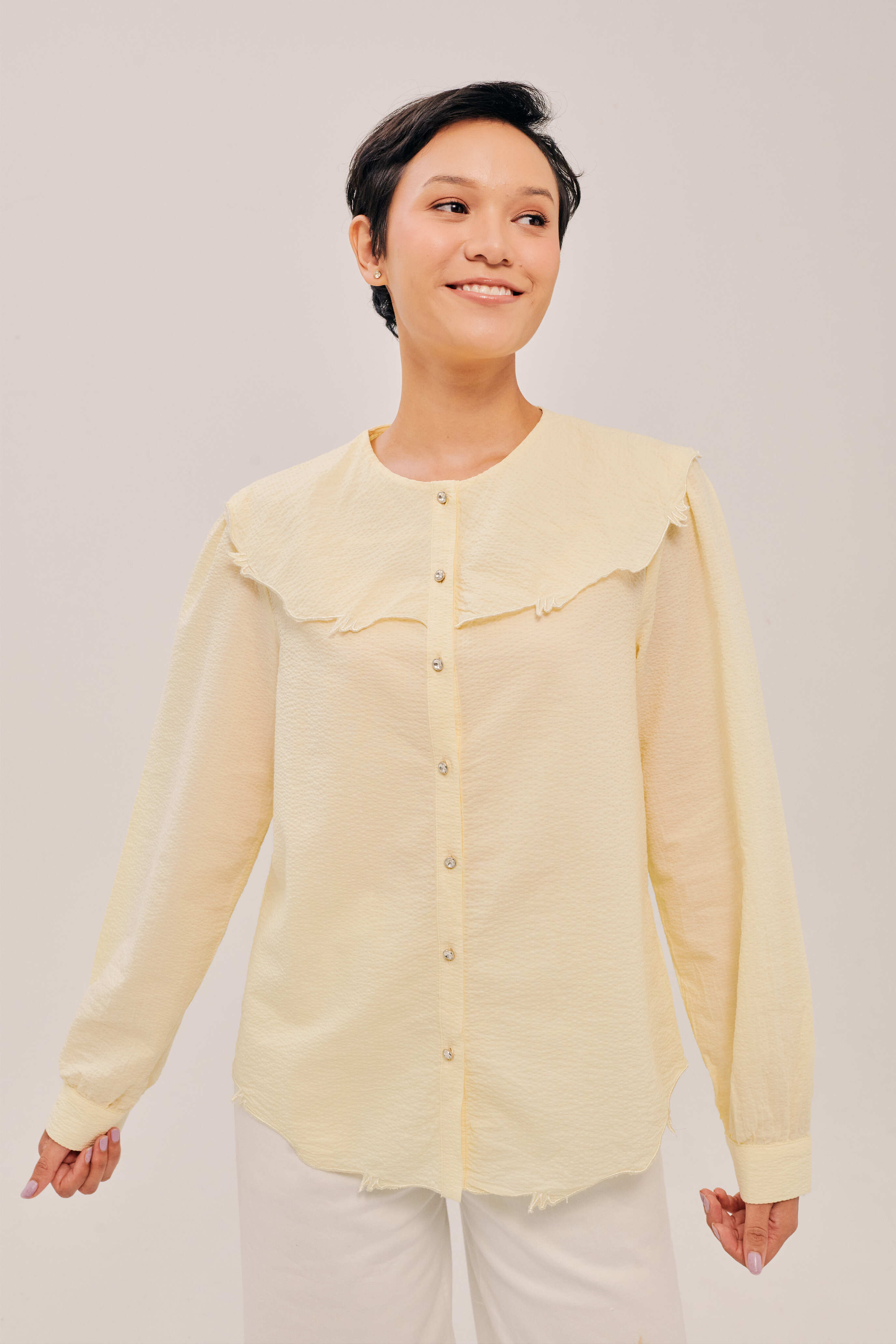 Lapel Crayola Yelloe Long Sleeve Embroidered Top
