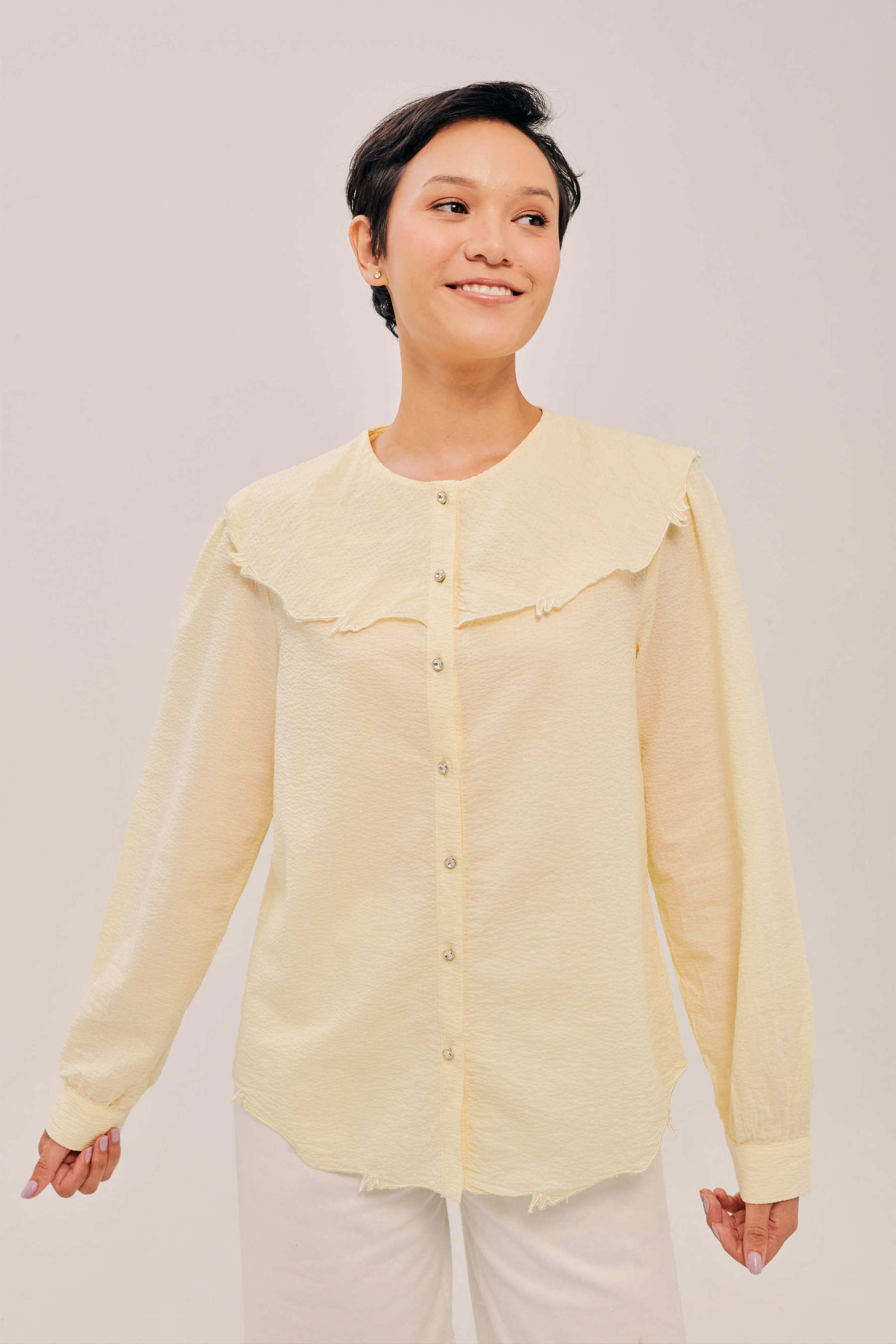 Lapel Crayola Yelloe Long Sleeve Embroidered Top