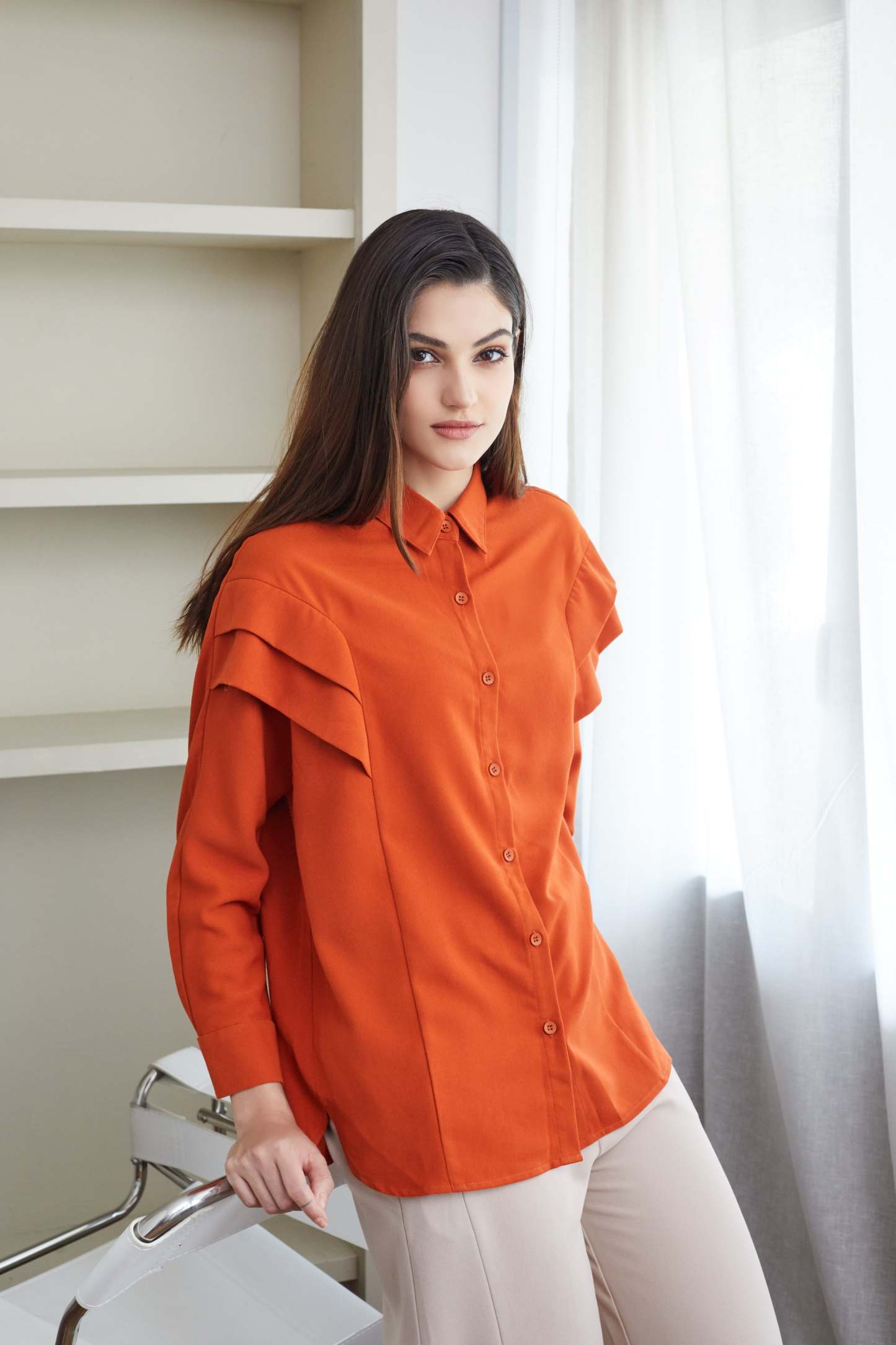 Layered Long Sleeve Brick Orange Blouse