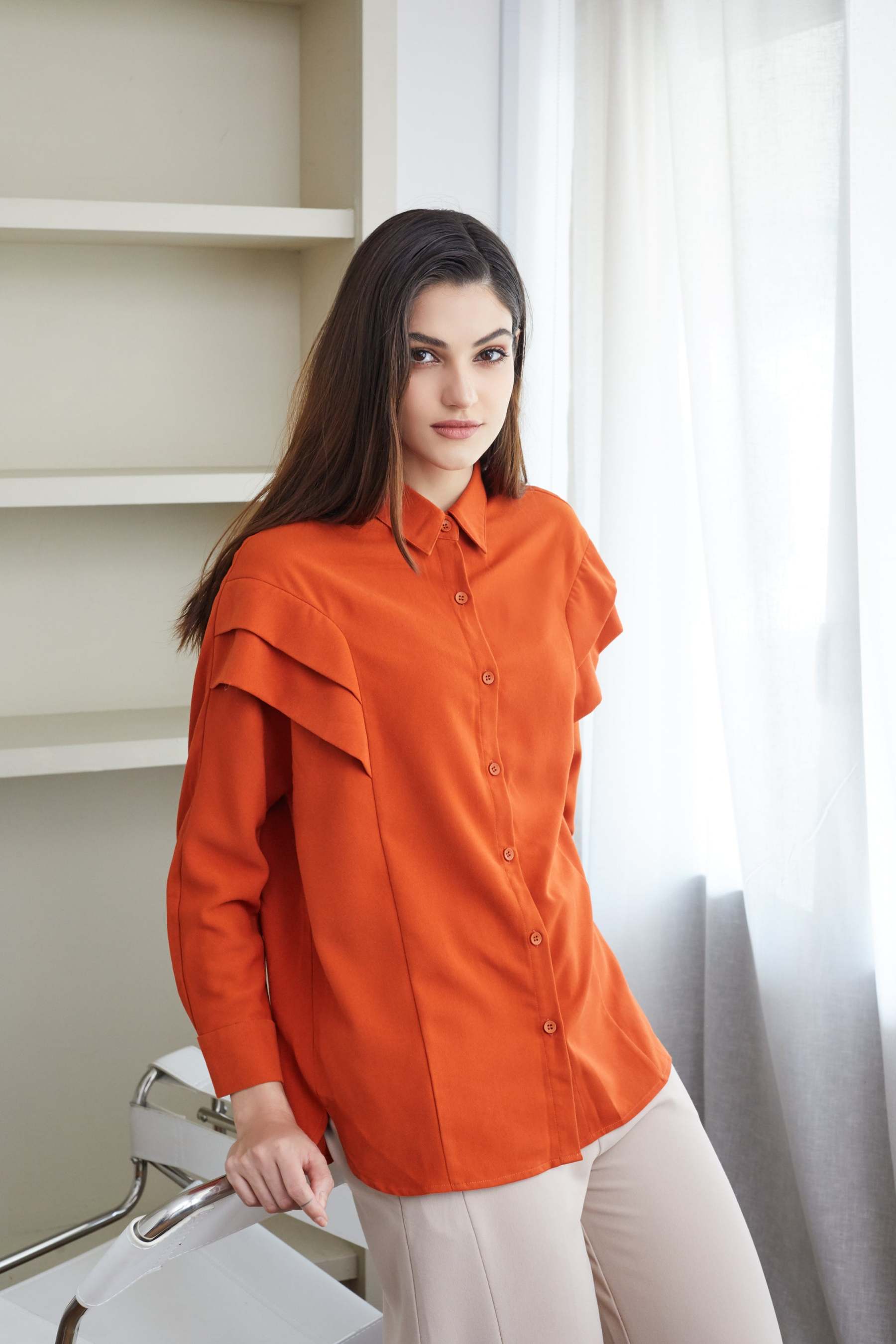 Layered Long Sleeve Brick Orange Blouse