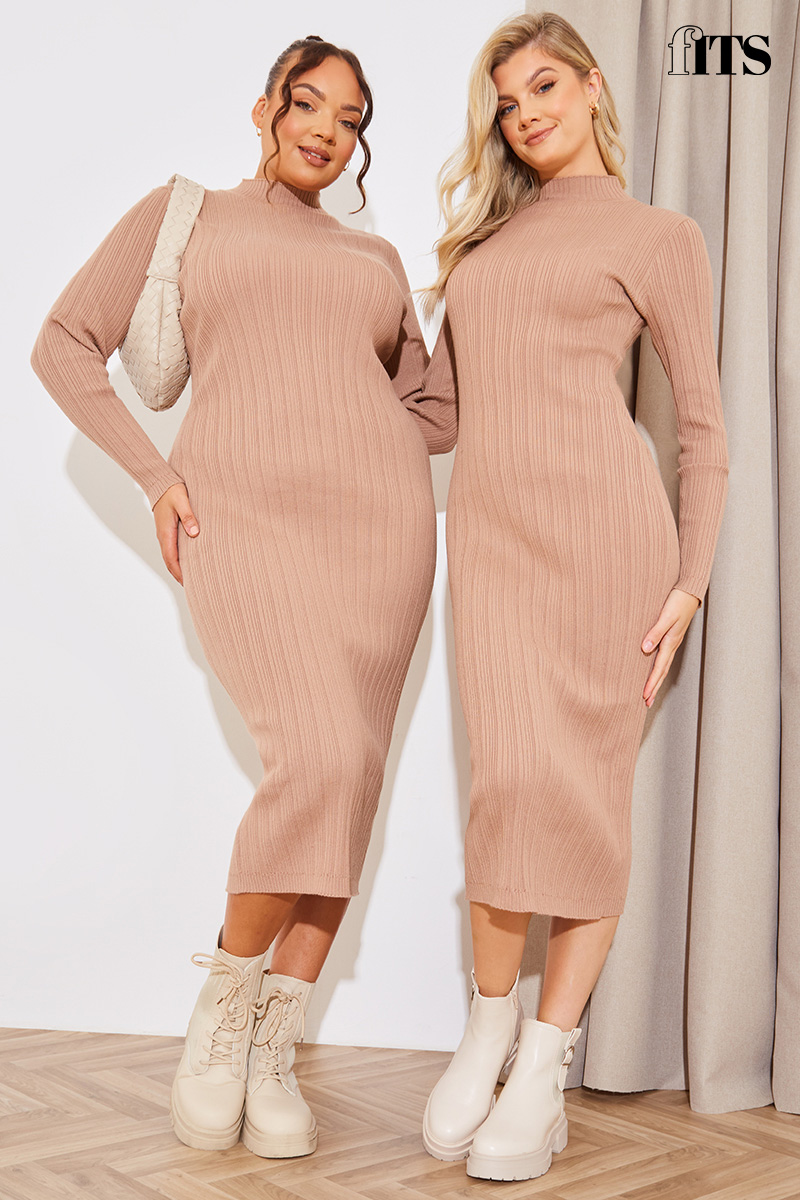 High Neck Variegated Rib Midi Dress
